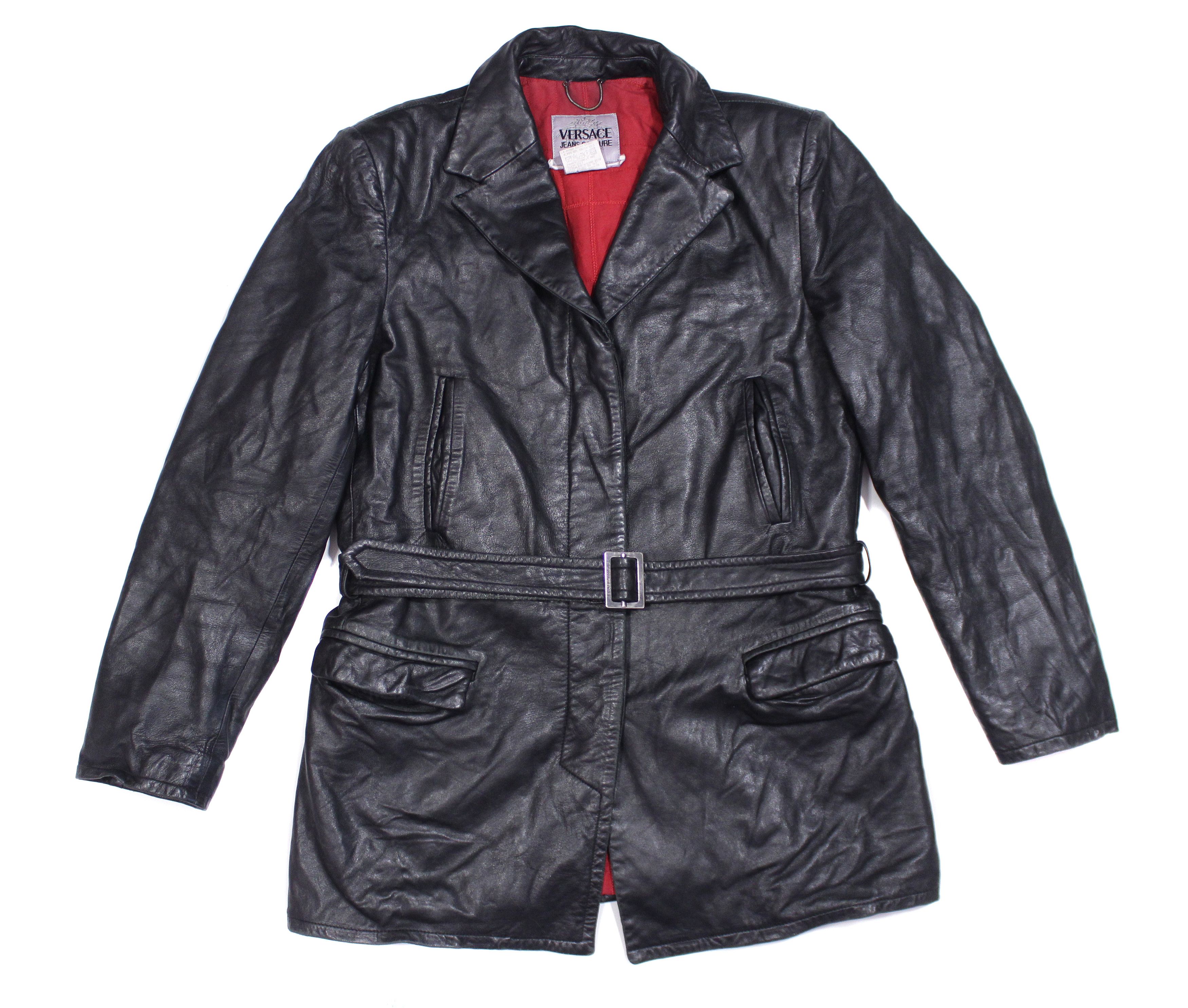 Versace 90S Leather Jacket Belted Coat Vintage Size S / US 4 / IT 40 - 2 Thumbnail