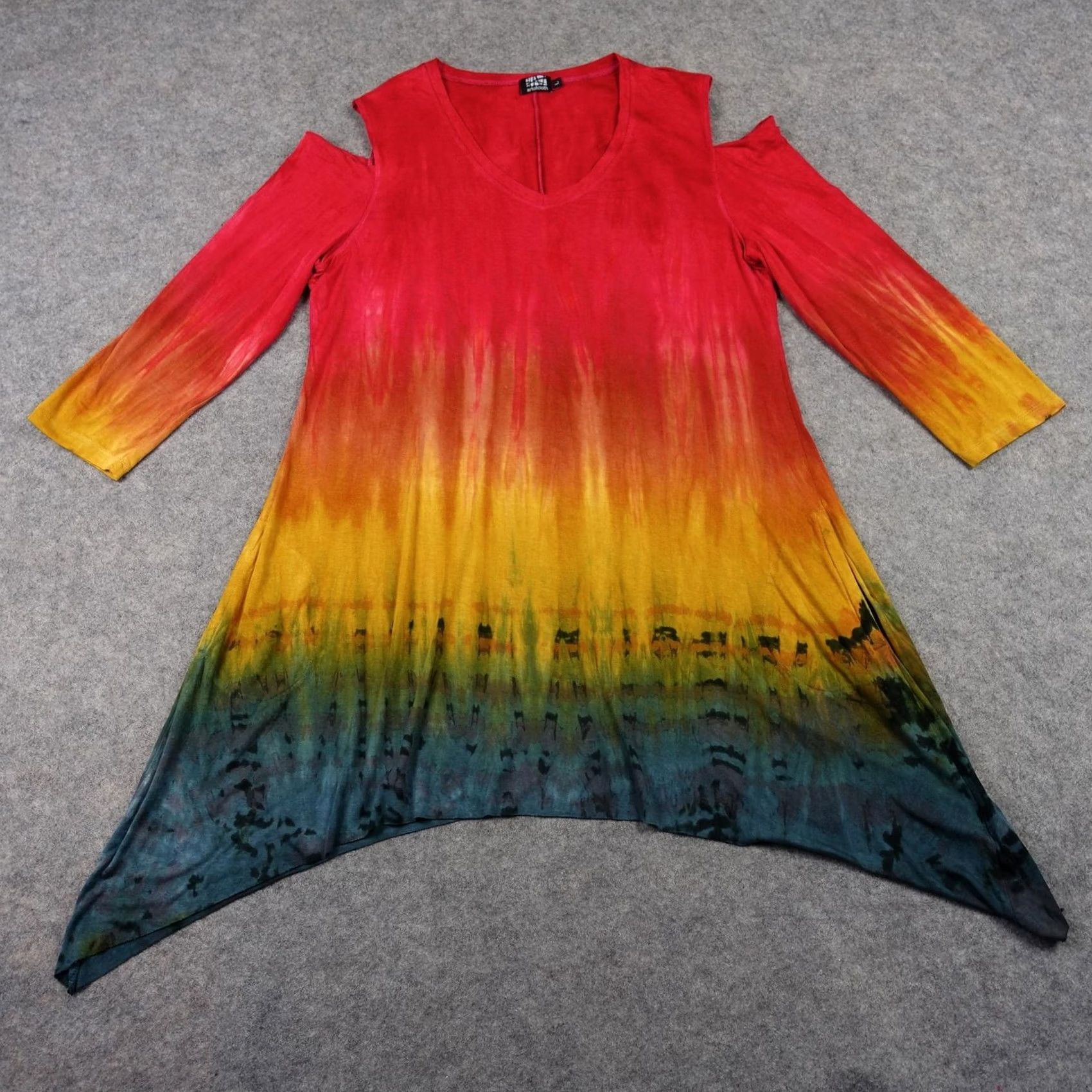 CLOT VINTAGE Art Of Cloth Shirt Dress Womens L Red Tie Dye Cold Shoulder Tunic Top V-Neck 3/4 Sleeve Stretch Jersey Casual Size L / US 10 / IT 46 - 2 Thumbnail