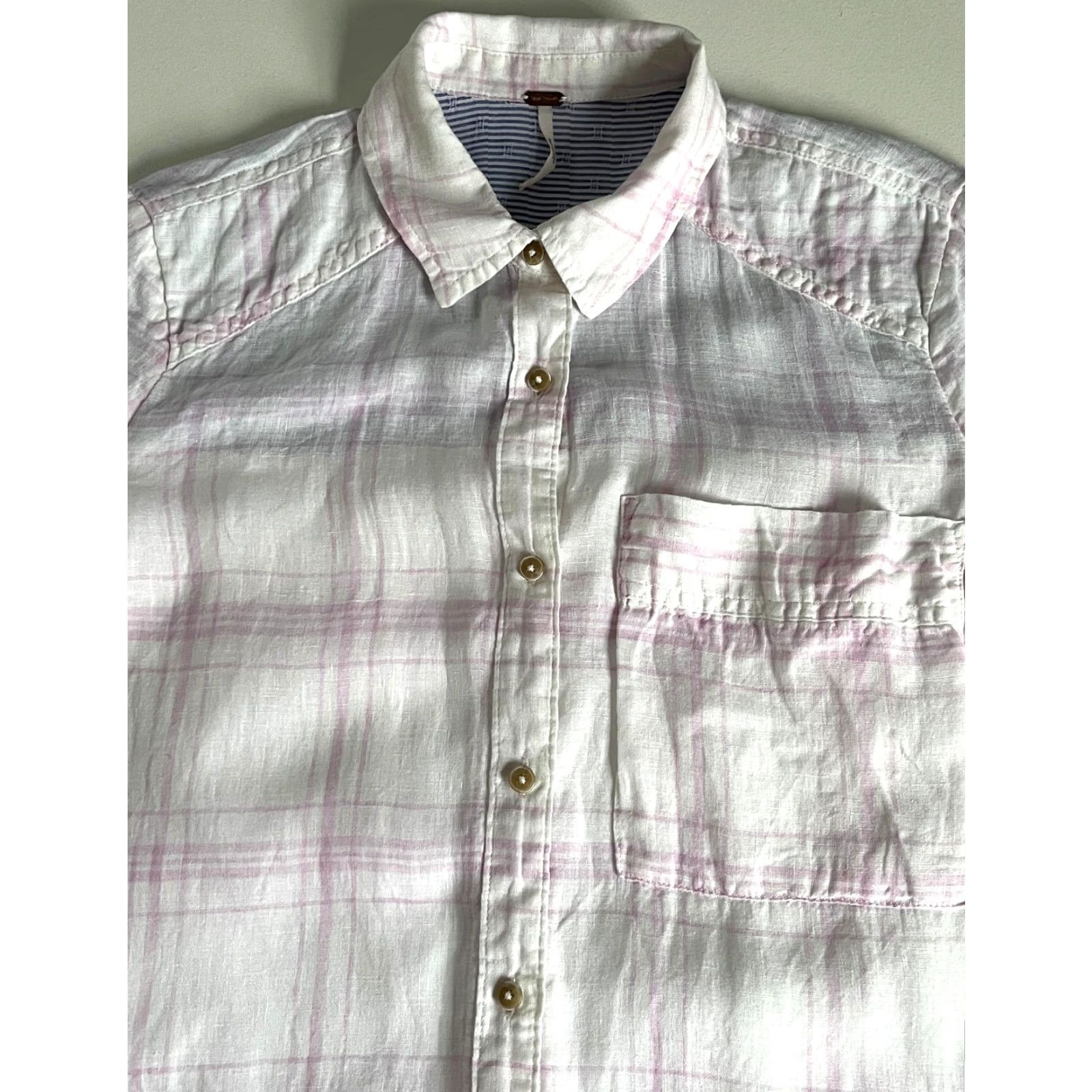Free People VINTAGE Women's Free People No Limits Oversized Button-Up Linen Shirt Plaid XS White Pink Bohemian City Classic Casual 90s Mens Womens Girls Boys Size XS / US 0-2 / IT 36-38 - 4 Thumbnail