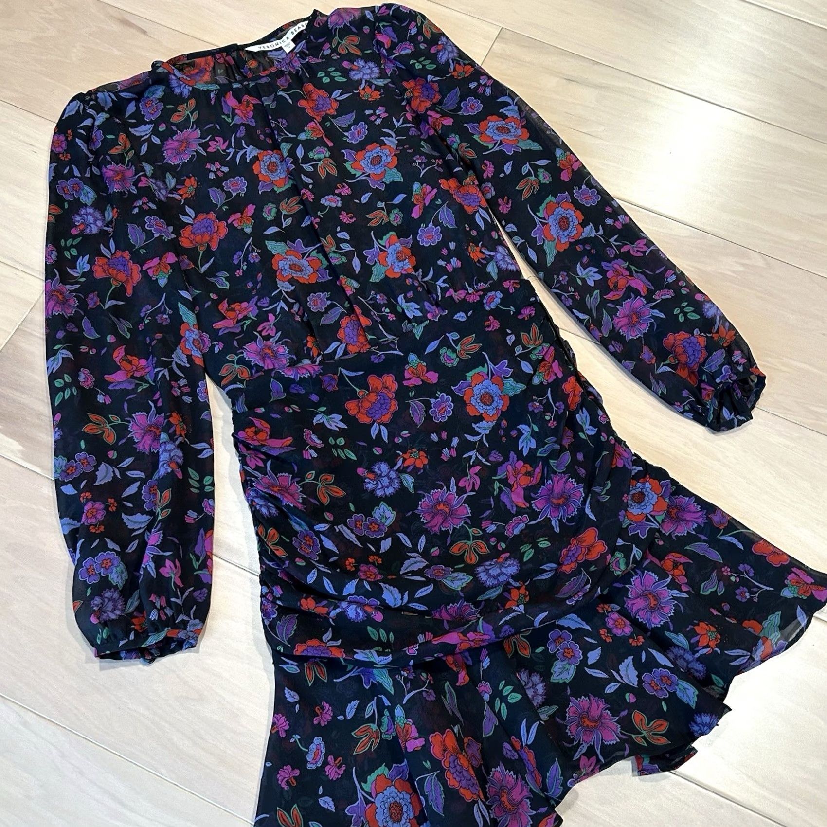 Veronica Beard VERONICA BEARD Mini-Dress Women’s Floral Silk Ruched Long Sleeve Black/Purple Multicolor 0 Size XS / US 0-2 / IT 36-38 - 2 Thumbnail