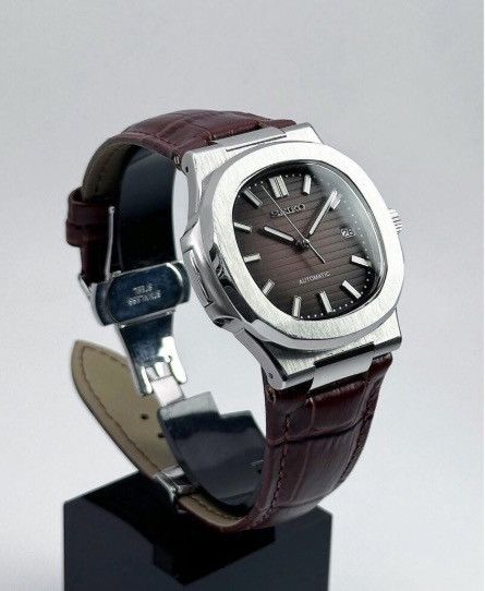 Japanese Brand Seiko Mod Nautilus Brown Dial Steel Watch Leather Strap 41mm Size ONE SIZE - 3 Thumbnail