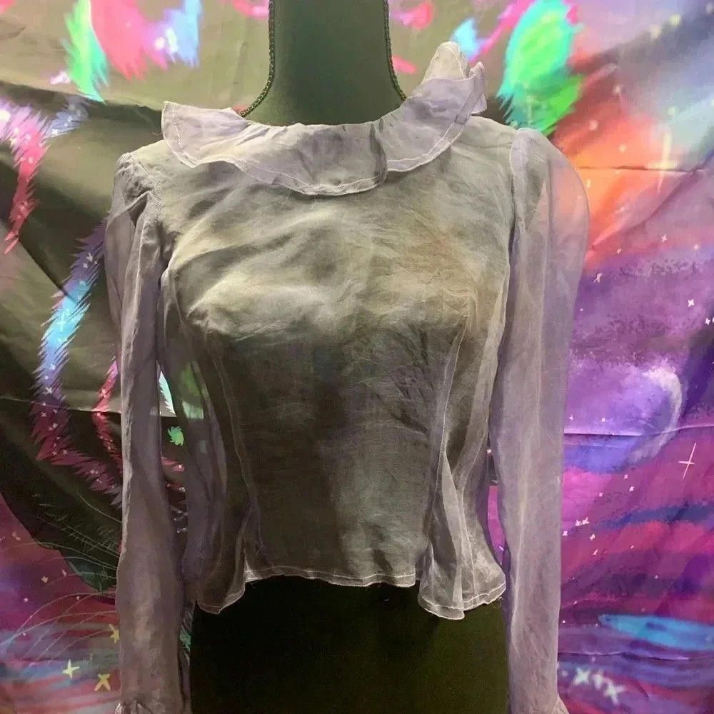 Designer Chic Sheer Purple Blouse with Ruffled Neckline Size S / US 4 / IT 40 - 1 Thumbnail