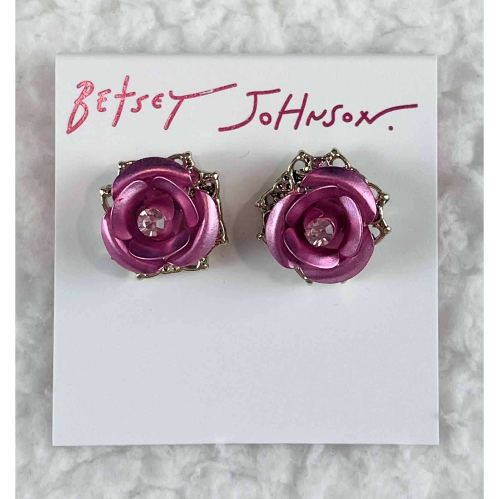 Betsey Johnson BETSEY JOHNSON • Pink/Gold Rose Rhinestone Stud Earrings Size ONE SIZE - 8 Thumbnail