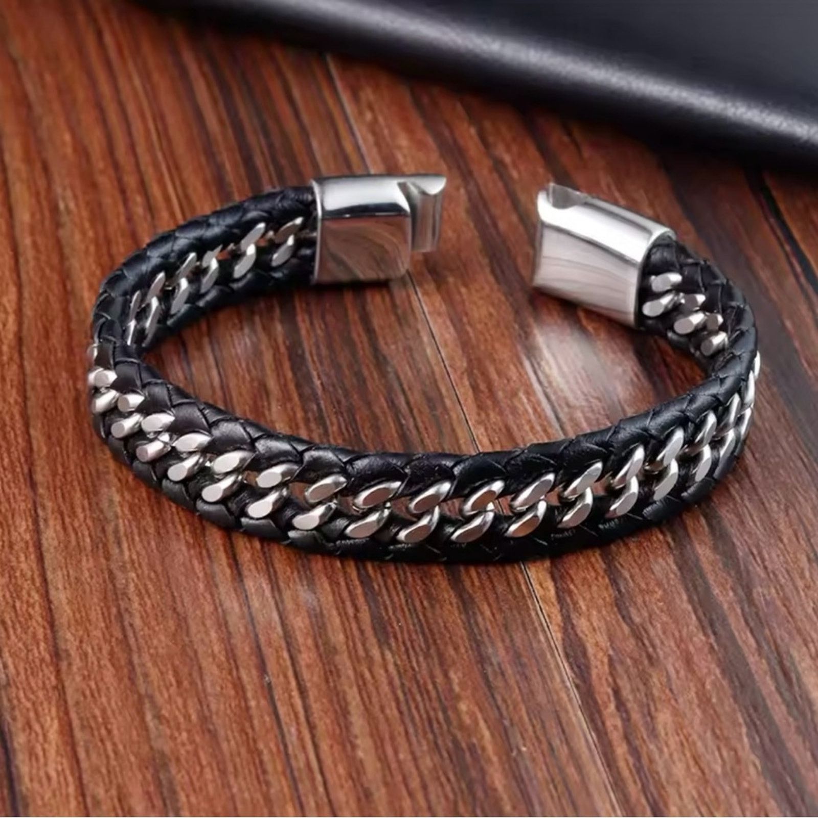 Other Black Leather Bracelets Stainless Steel Bangle for Men 8” Size ONE SIZE - 2 Thumbnail