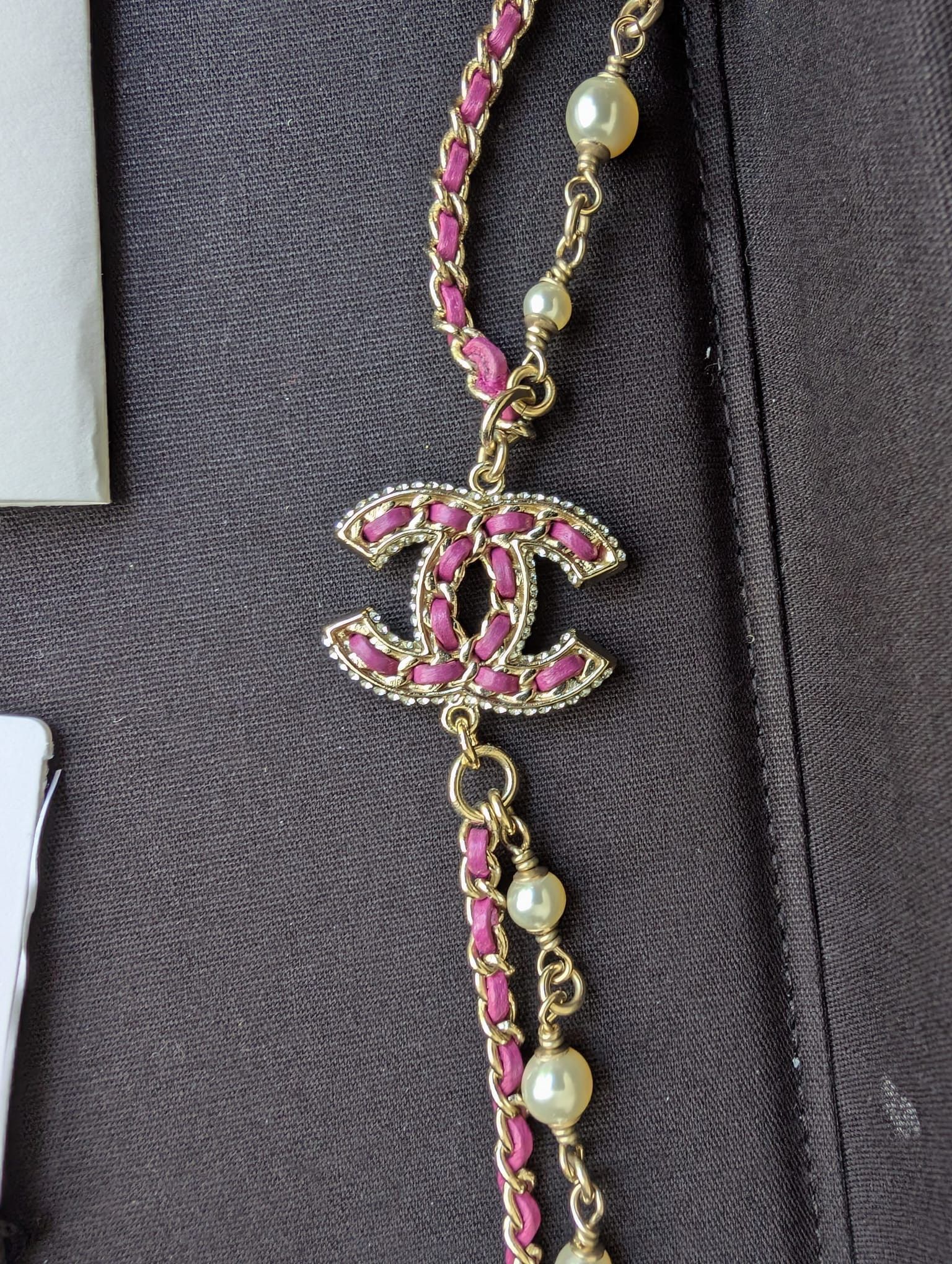 Chanel Chanel CC B21P Logo Pink Leather Pearl Crystal GHW Necklace Size ONE SIZE - 14 Thumbnail