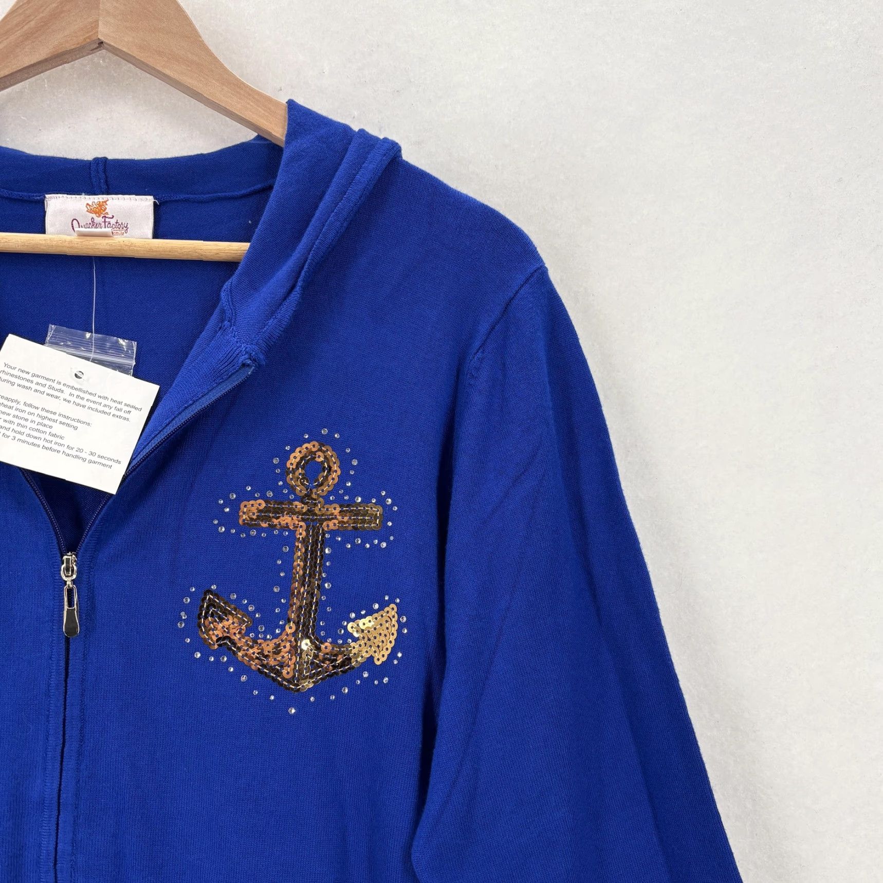 Quacker Factory Quacker Factory Hoodie Womens Medium Blue Sequin Anchor Nautical Full Zip Hooded Pockets Size M / US 6-8 / IT 42-44 - 2 Thumbnail