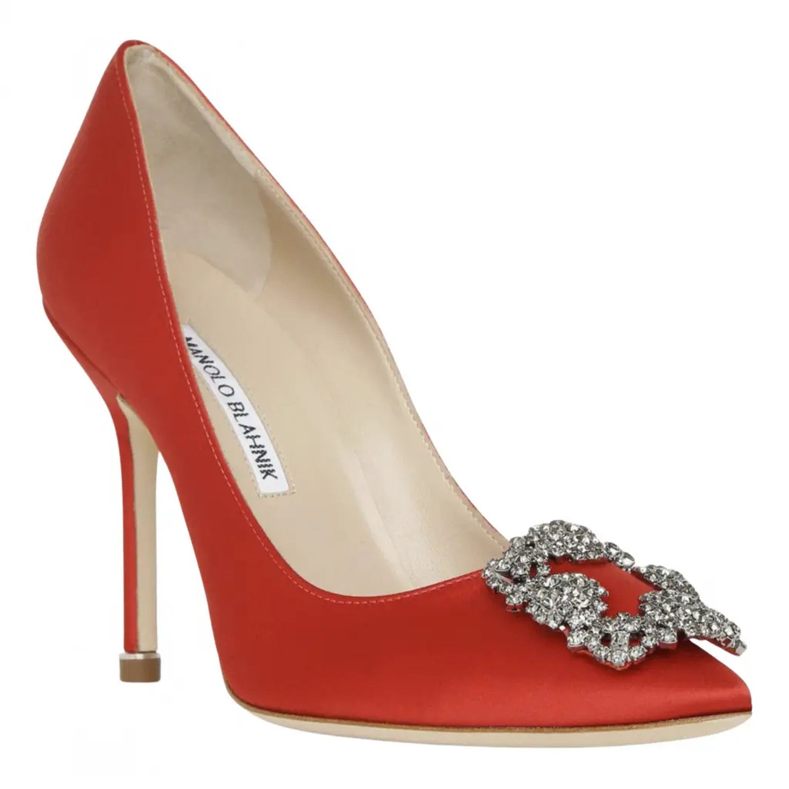 Manolo Blahnik Hangisi 105 Rosso Satin Crystal Jewel Buckle Heel Pump 36.5 Size US 6.5 / IT 36.5 - 3 Thumbnail