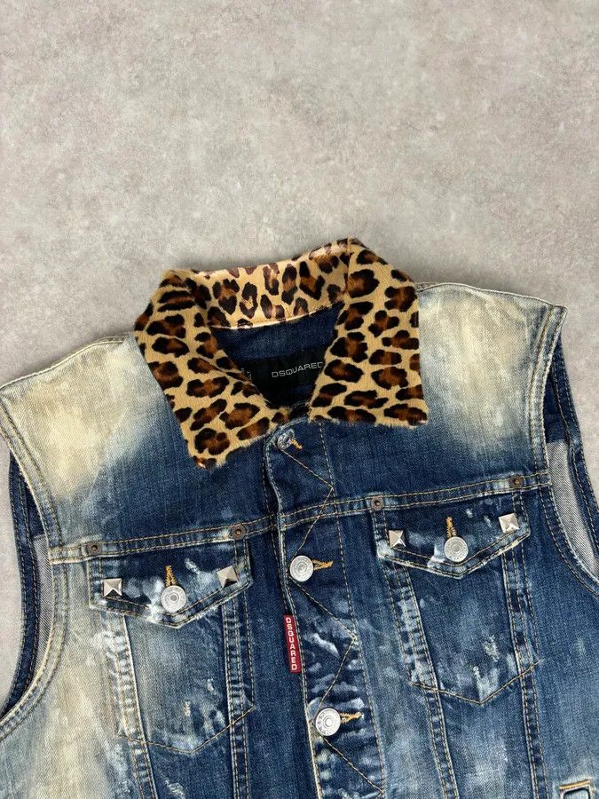 Dsquared2 SS2013 Dsquared2 Blue Distressed Leopard Collar Denim Vest Size US M / EU 48-50 / 2 - 5 Thumbnail