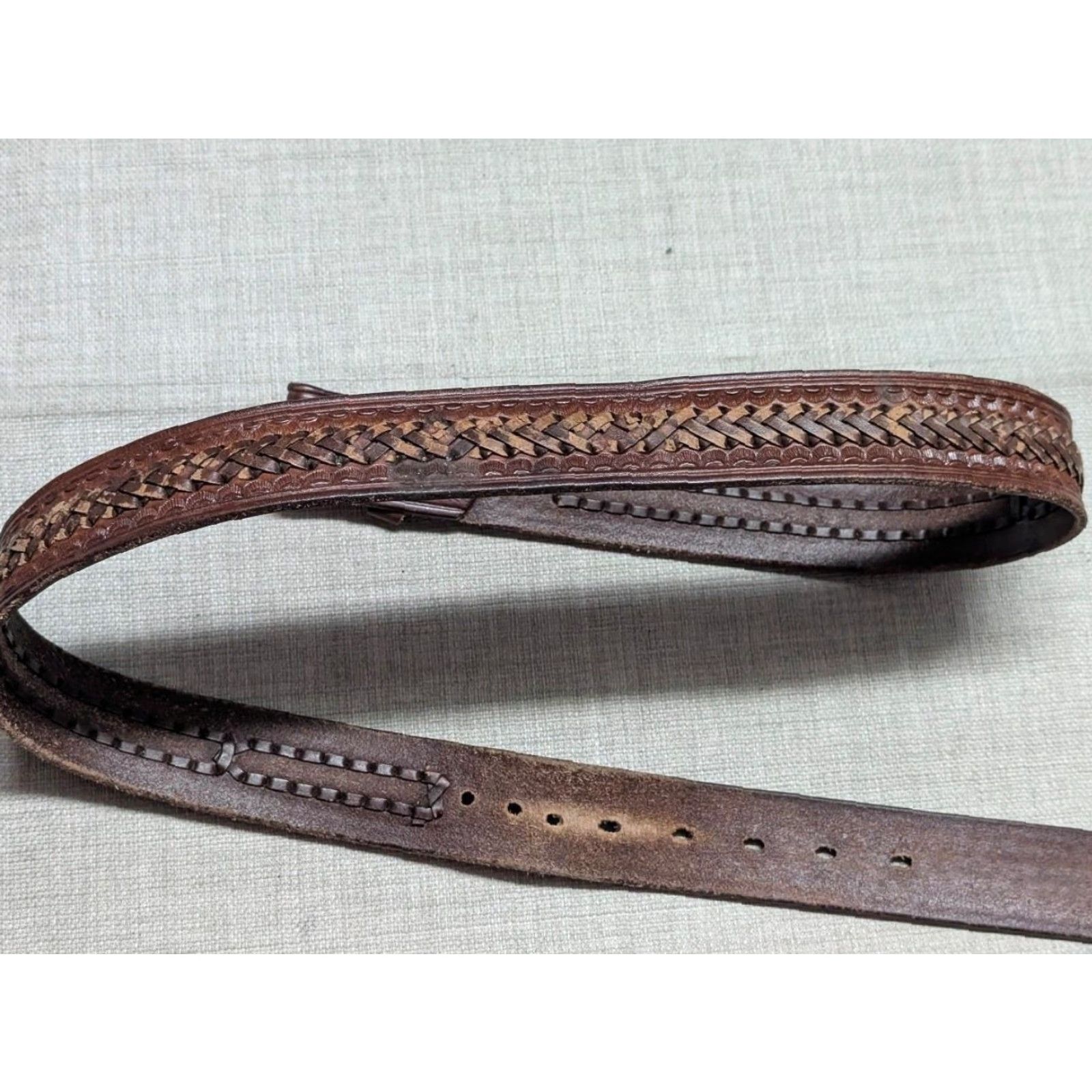 Vintage VINTAGE Western Belt Handcrafted Tooled Braided Brown Cowhide Leather 38 Belt Mens 1-1/2" Width 1980's Buckle Size 38 - 3 Thumbnail