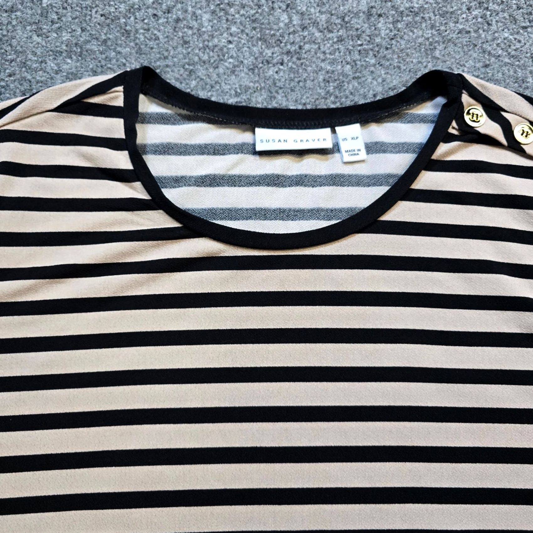 Vintage Susan Graver Top Women XL Petite Black Beige Stripe Button Stretch Casual Career Shirt Size XL / US 12-14 / IT 48-50 - 2 Thumbnail