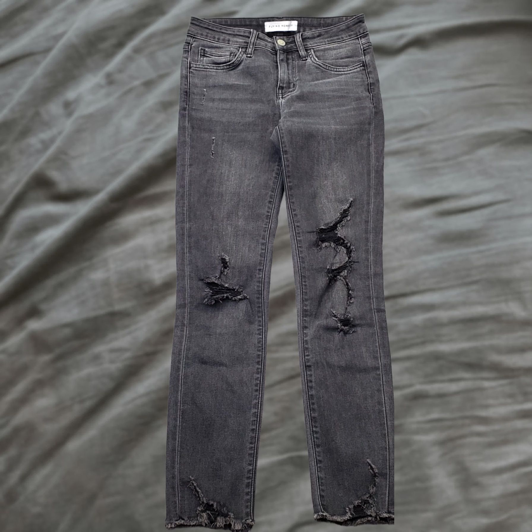 Vintage Flying Monkey Jeans Womens 24 Gray Denim Distressed Comfort Skinny Leg Raw Hem Jeans Size 42" / US 20 - 1 Thumbnail
