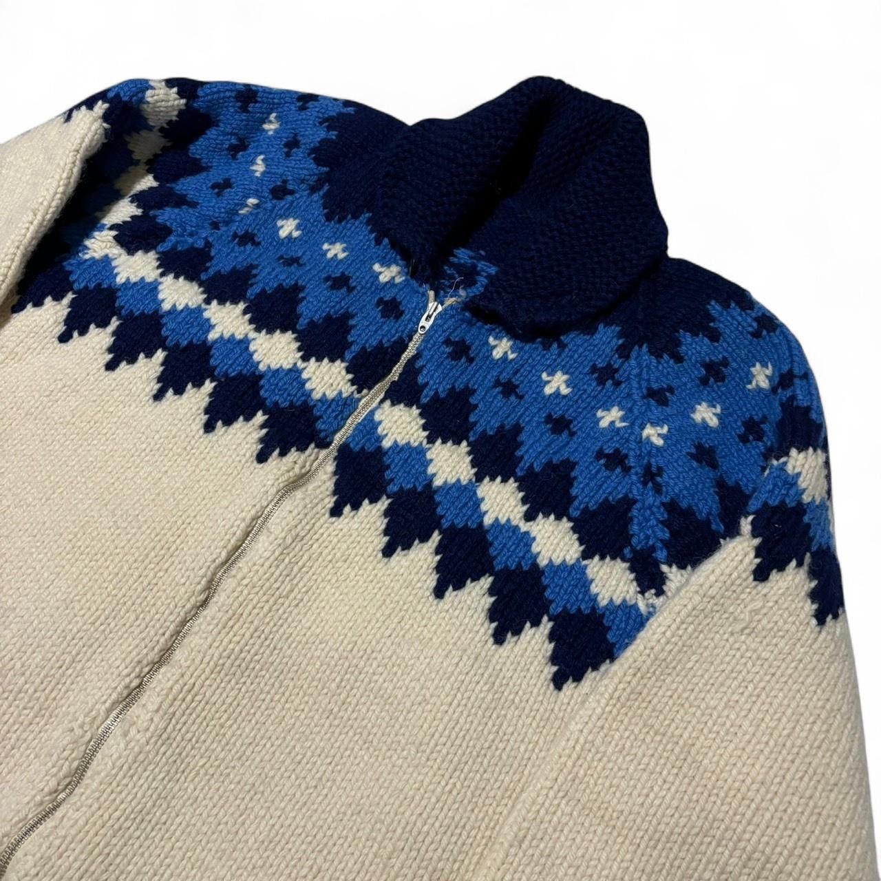 Handmade × Vintage Vintage 60s Patterned Navy Blue Cream Wool Cowichan Sweater Size US XL / EU 56 / 4 - 5 Thumbnail