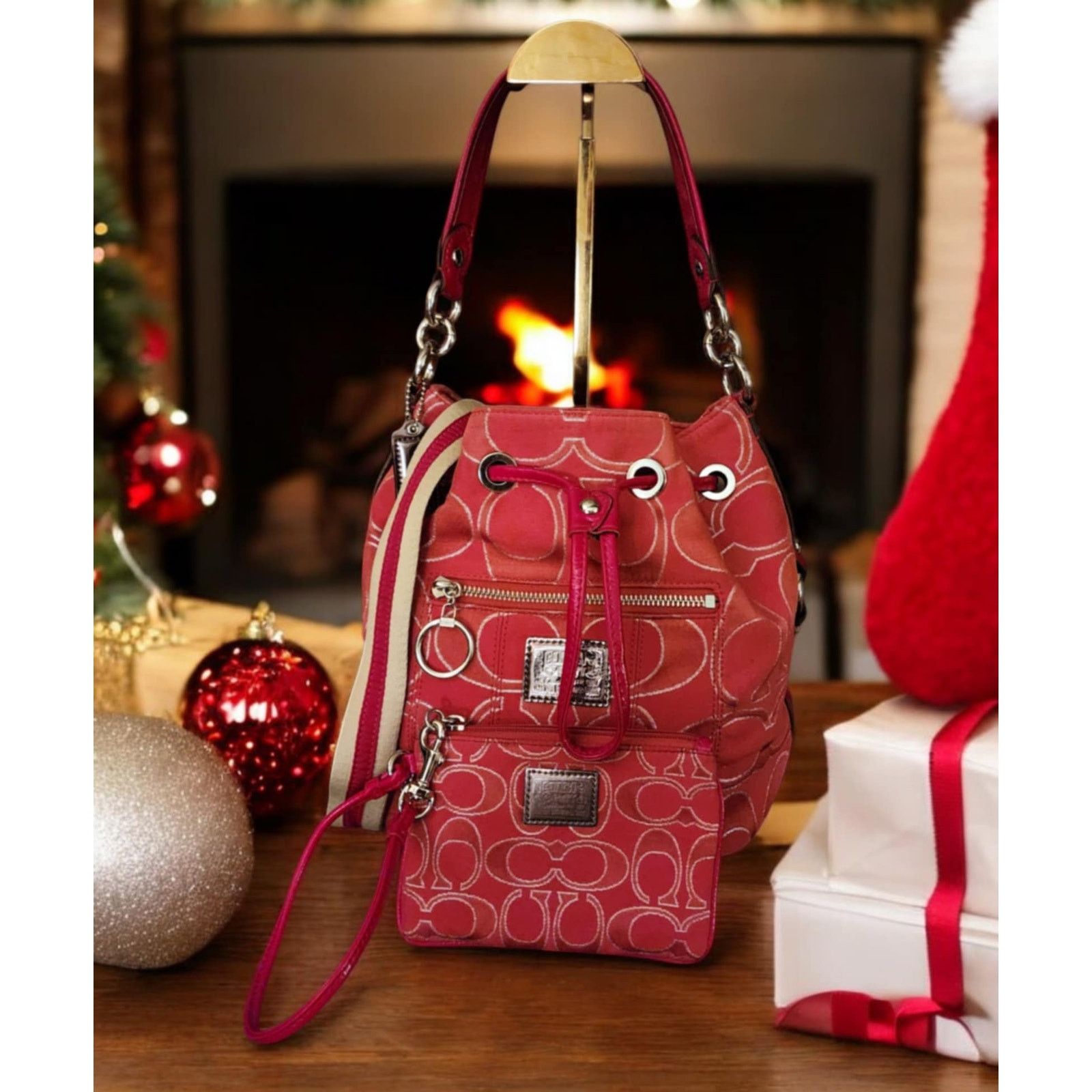Coach Coach Poppy Signature Lurex draw string bag 17930 Red