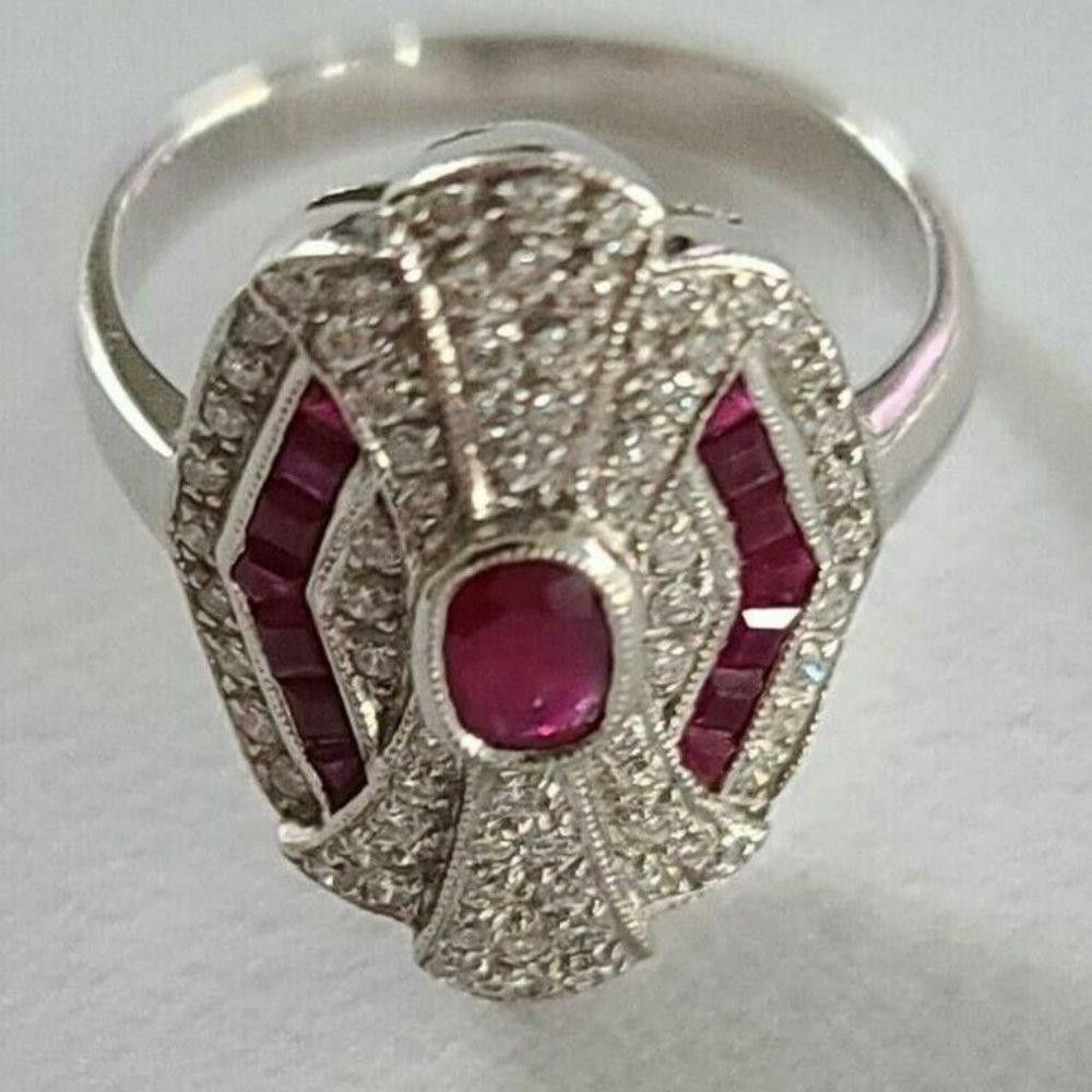 Designer 2.0Ct Vintage Ruby Red Art Deco Antique Silver Ring - Size 8 Size ONE SIZE - 3 Thumbnail