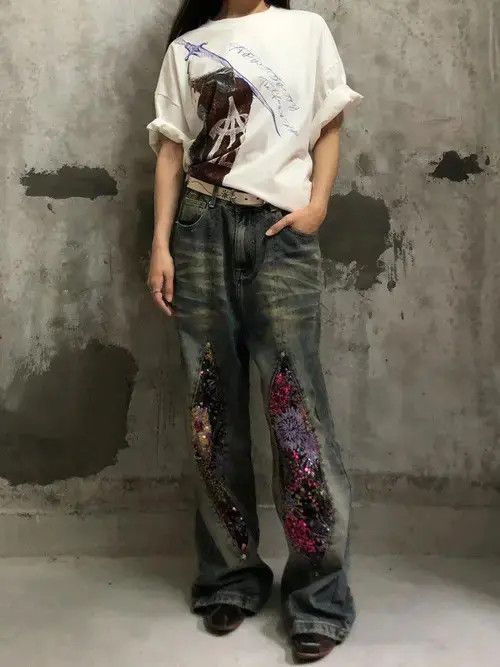 Jean Baggy Patchwork Embellished Wide Leg Jeans Size US 32 / EU 48 - 5 Thumbnail