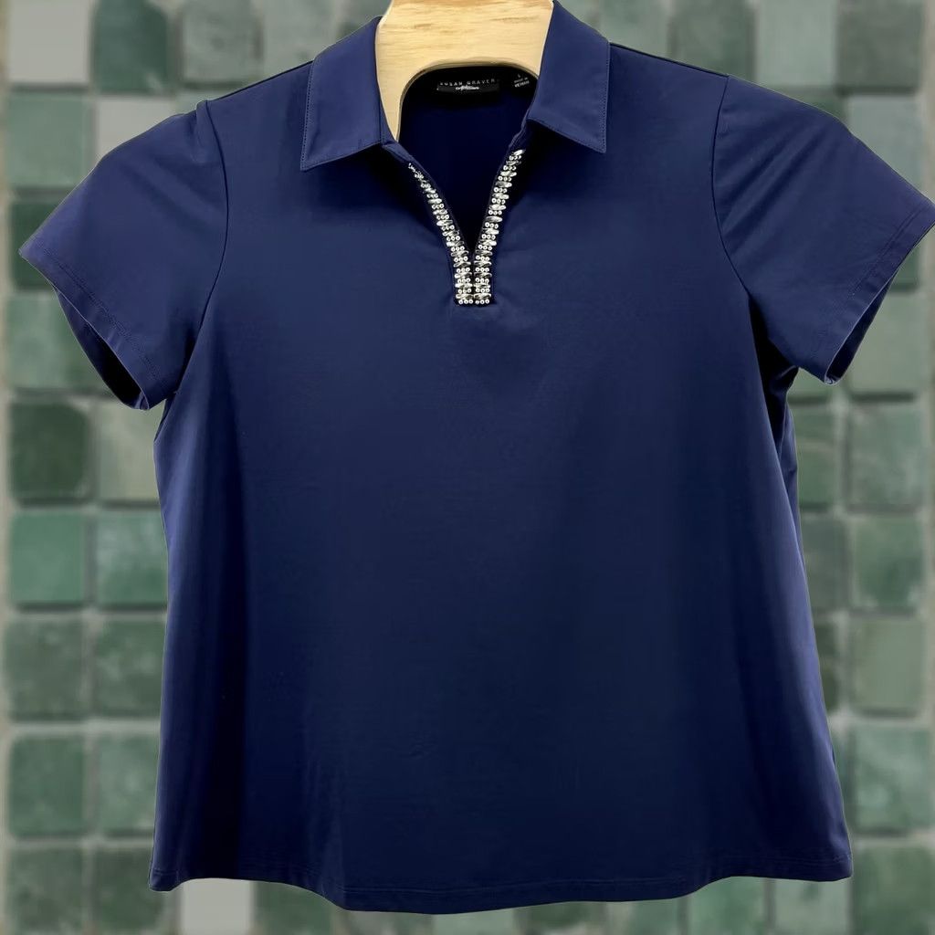 Vintage Susan Graver Artisan Polo Navy Blue Embellished Collar Stretch Nautical Size L / US 10 / IT 46 - 1 Thumbnail