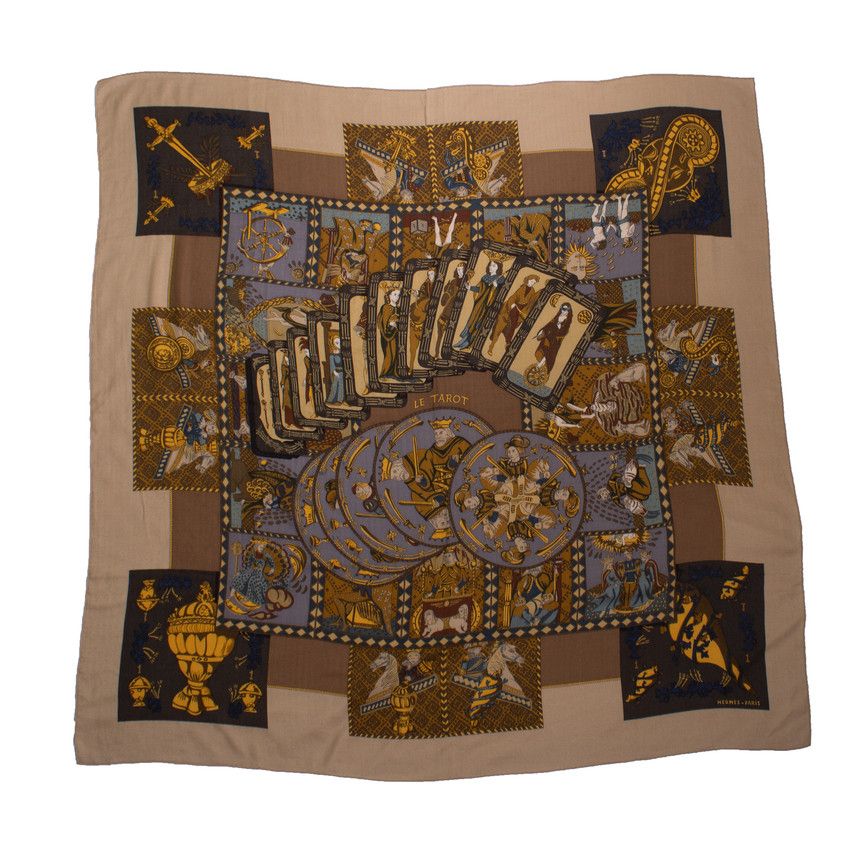 Hermes Le tarot cashmere scarf in beige and brown