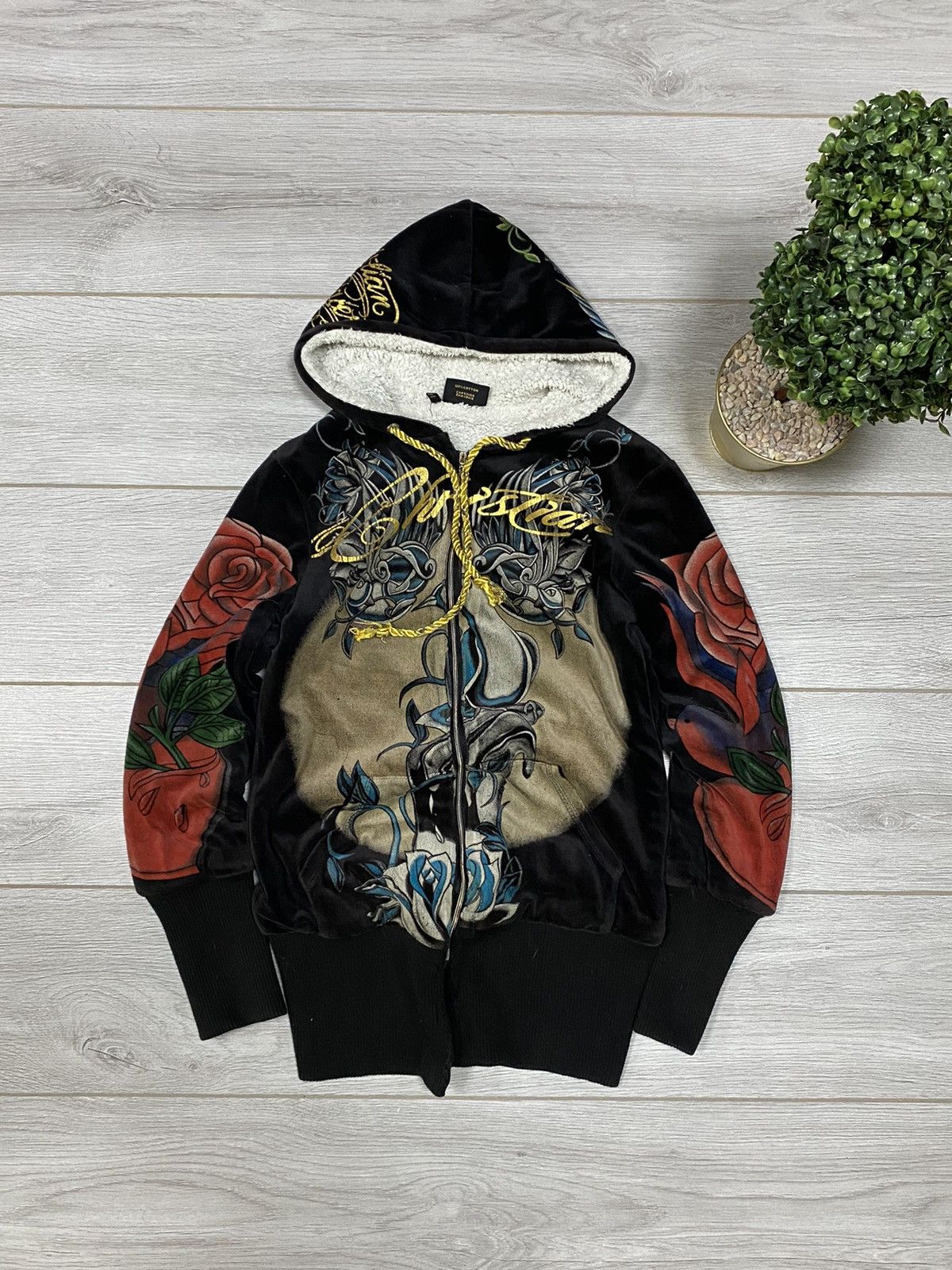 Ed Hardy Christian Audigier 🌹 velour all over print hoodie zip fleece Size M / US 6-8 / IT 42-44 - 2 Thumbnail