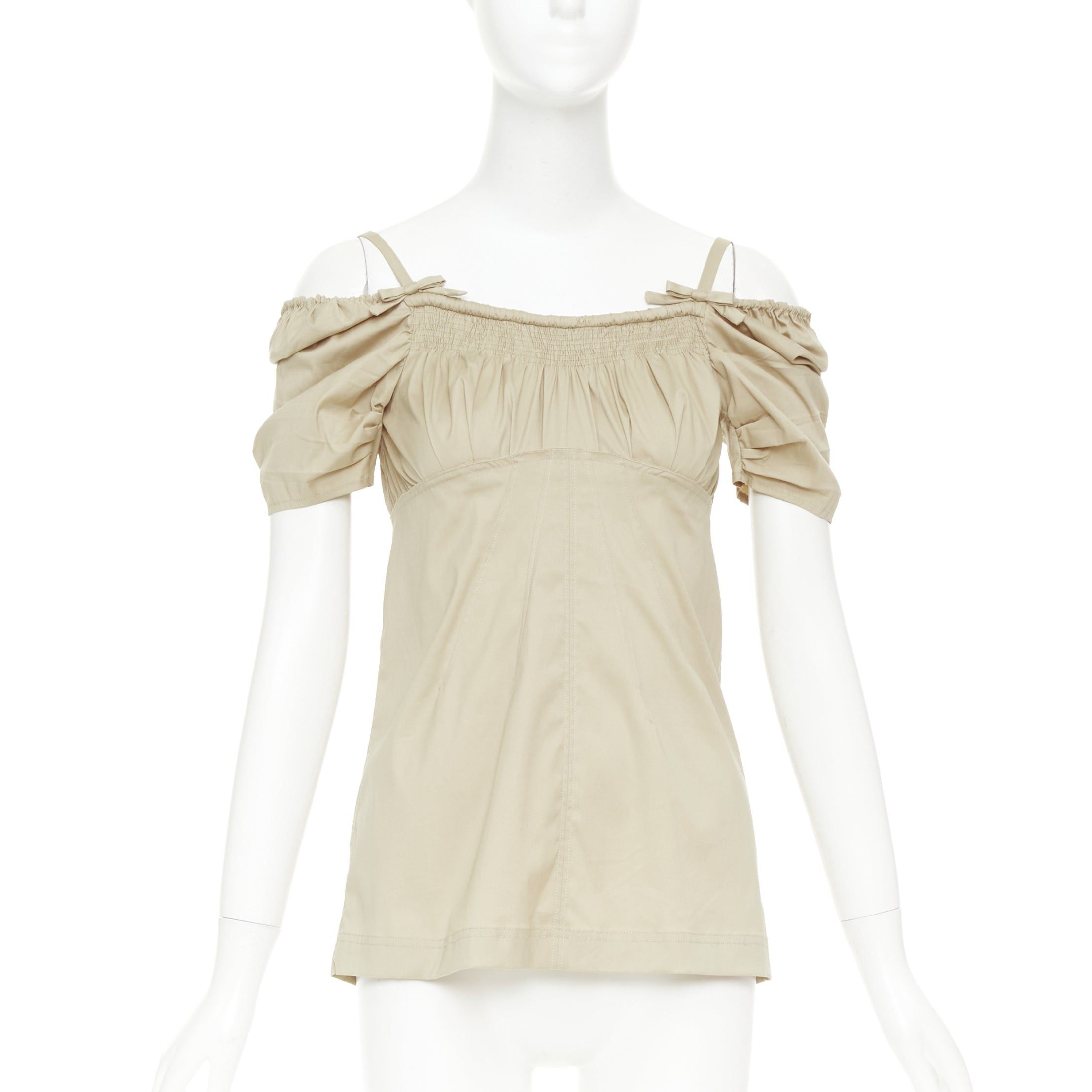 Prada PRADA Vintage khaki cotton ruched bust empire waist bow detail puff sleeve off shoulder top IT38 XS Size XS / US 0-2 / IT 36-38 - 1 Thumbnail