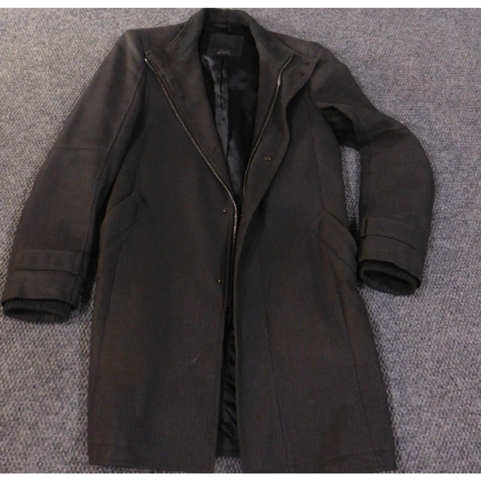 Zara Zara Jacket Mens Medium Gray Trench Coat Wool Wool Geometric Knit Zipper Pockets Button Zip Business Fall Winter Mens Regular Size US M / EU 48-50 / 2 - 2 Thumbnail