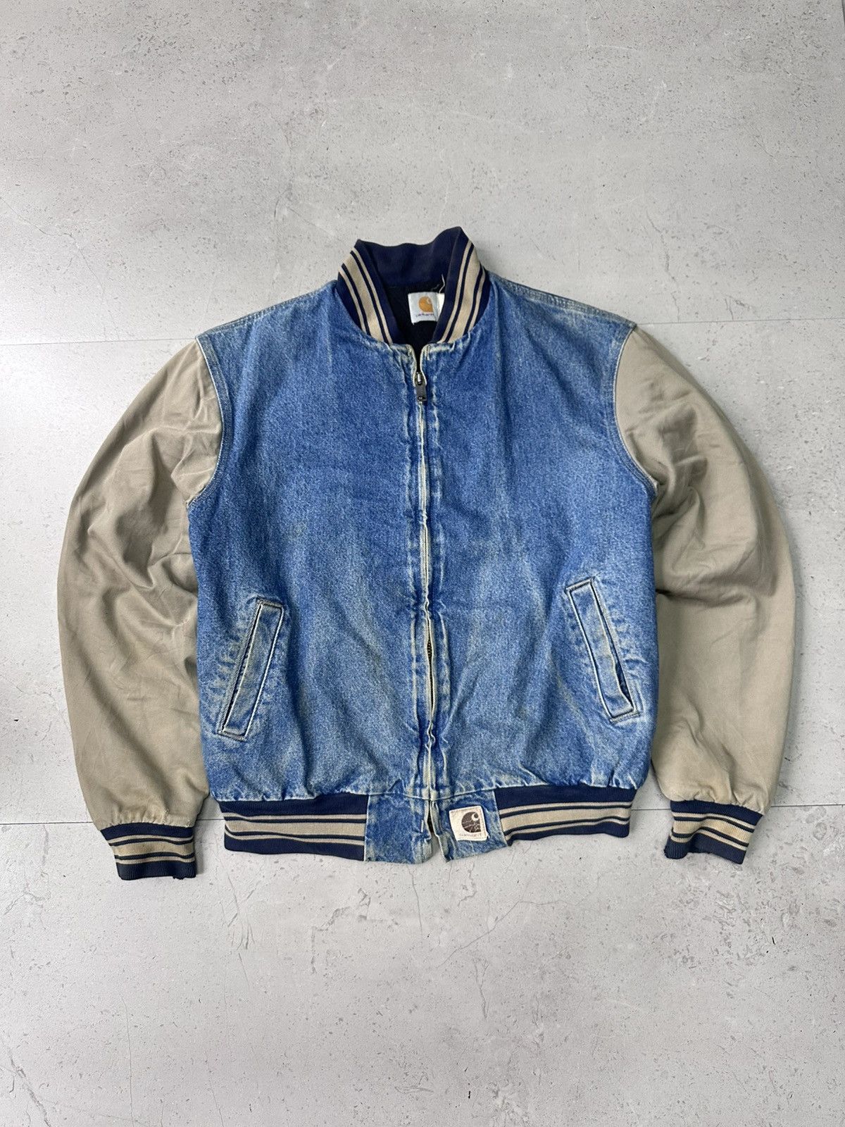Carhartt × Vintage RARE 90s CARHARTT DENIM VARSITY JACKET Size US L / EU 52-54 / 3 - 1 Thumbnail