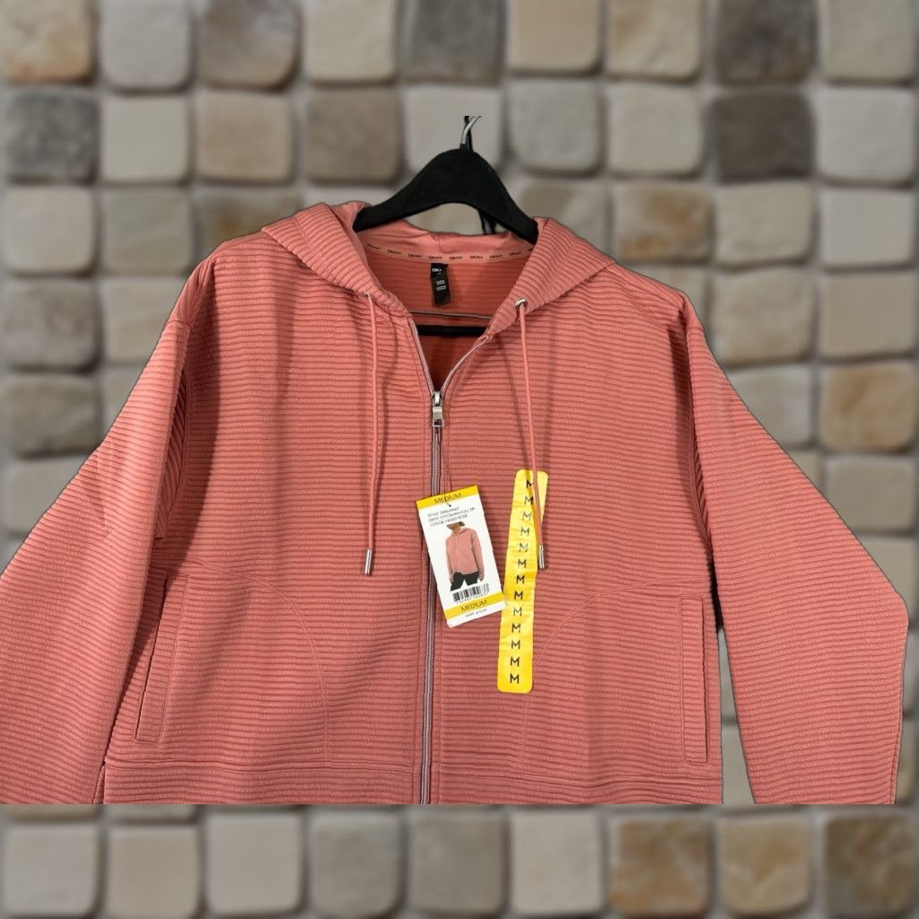 DKNY DKNY Full Zip Hoodie Womens M Faded Rose Ribbed Stretch Pockets NWT Ottoman Structure: Hoodie, DKNY, Pink, White Label? (Oops) Size M / US 6-8 / IT 42-44 - 1 Thumbnail