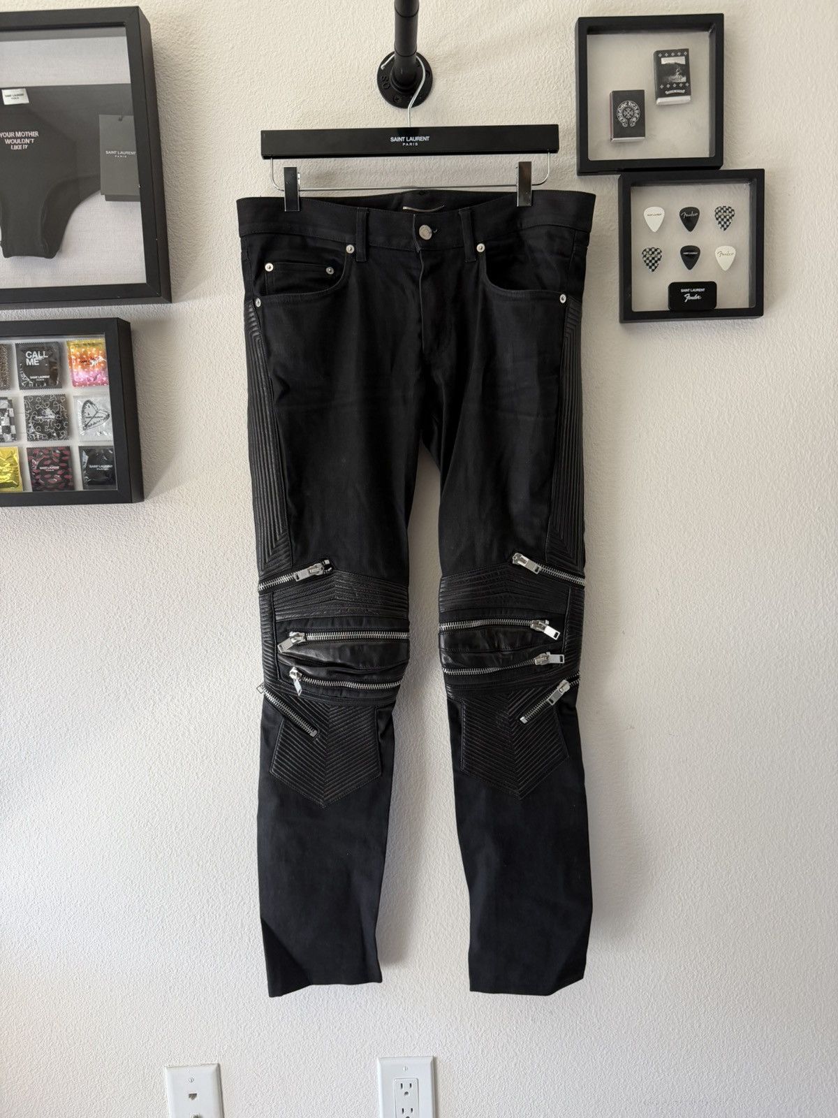 Saint Laurent Paris D04 Moto Zip Biker Denim Jeans with Leather