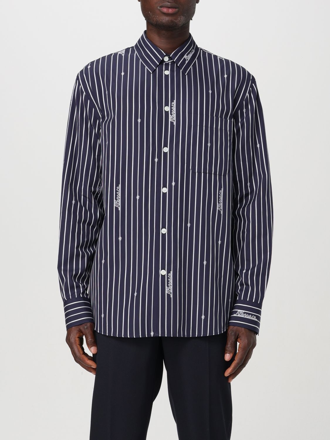 Versace o1y0525 Logo Striped Shirt in Midnight Blue Size US L / EU 52-54 / 3 - 1 Thumbnail