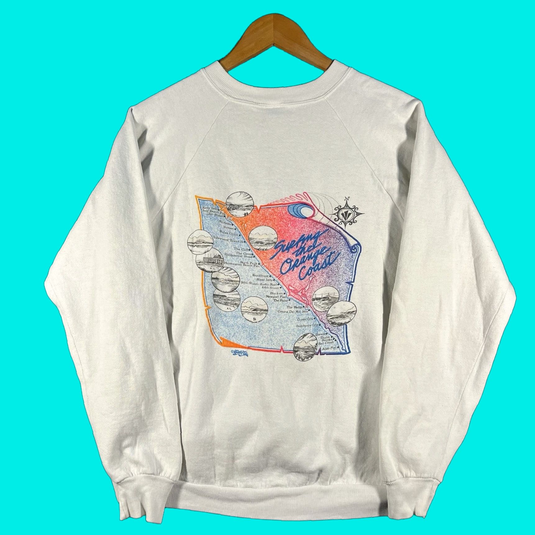 VINTAGE Jerzees Sweatshirt Large Crewneck 90s Orange County Surf Graphic Print Pullover Men's L White USA California Beach Shirt