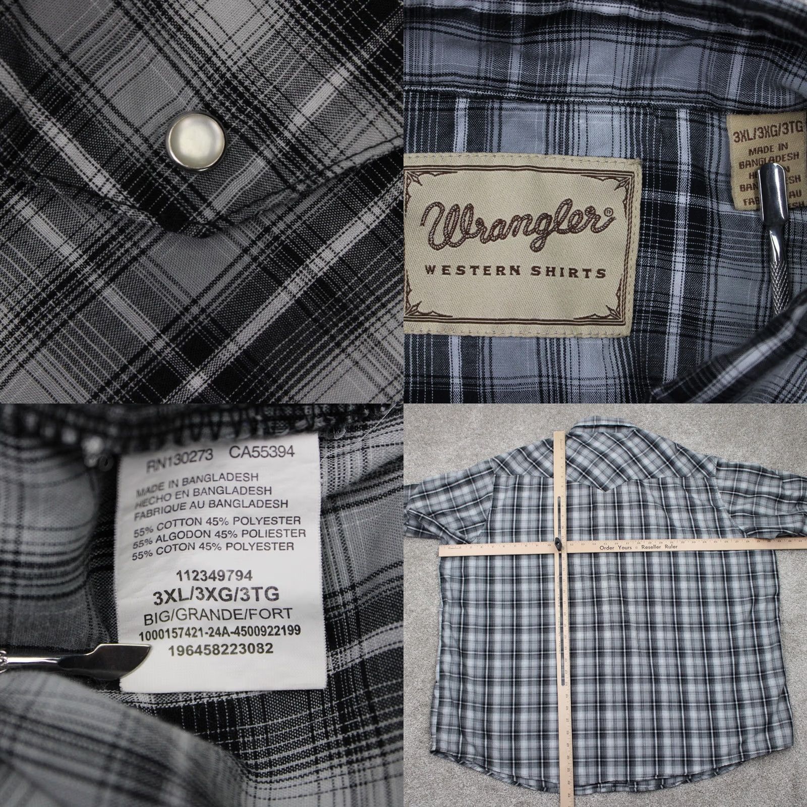 Wrangler Wrangler Shirt Mens 3XL Black/White Plaid Cotton/Poly Western S/S Button-Up, Casual, Workwear, 3XL Mens, Western Theme, Regular Fit, Knit Fabric Size US XXL / EU 58 / 5 - 8 Thumbnail