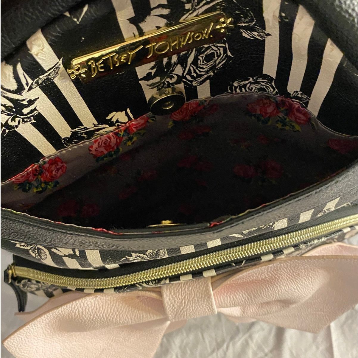 Betsey Johnson Goth Glam Bow Stripe Floral Backpack Betsey Johnson Black Size ONE SIZE - 6 Thumbnail