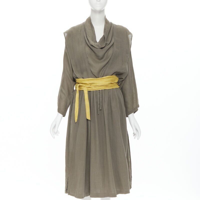 Issey Miyake vintage ISSEY MIYAKE 1980's beige linen yellow obi belt cowl neck dress M rare Size M / US 6-8 / IT 42-44 - 1 Thumbnail