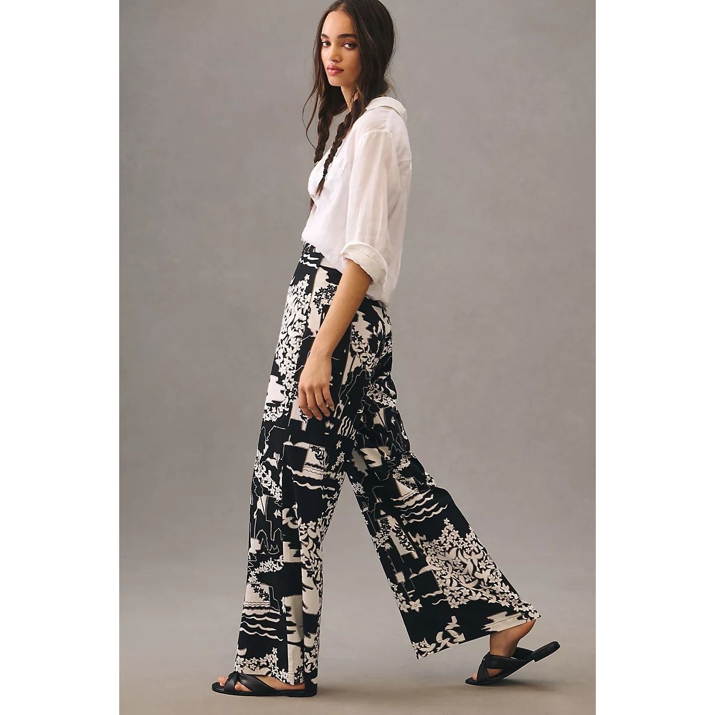 Anthropologie New Tiny Anne Printed Wide-Leg Pants $160 SIZE 2 Black Motif Size 26" / US 2 / IT 38 - 4 Thumbnail