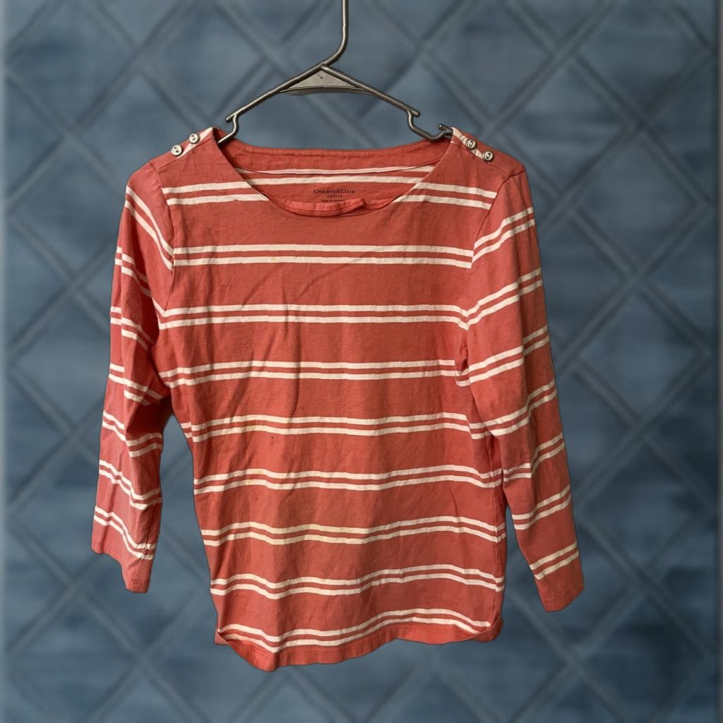 Charter Club Charter Club Sweater Knit Pullover Womens P/L Coral Striped Button Shoulder Lightweight Pullover 100% Cotton Petite Size Size L / US 10 / IT 46 - 1 Thumbnail