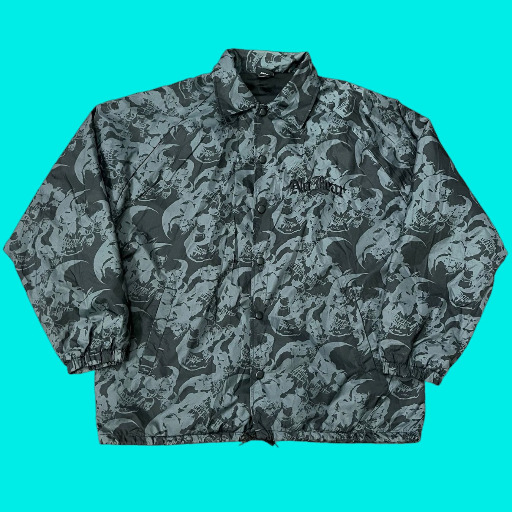 VINTAGE No Fear Windbreaker Jacket Men M Black Skull AOP Grunge Emo Motocross Descends Snaps 100% Nylon