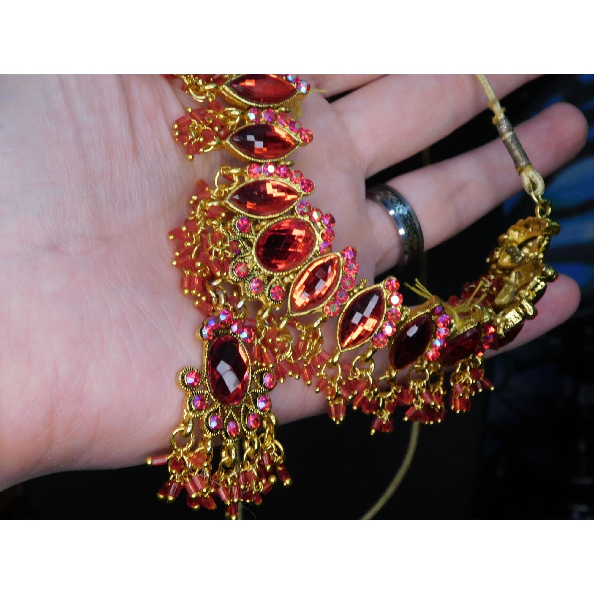 Other Indian Bridal Necklace Red Gem On Gold Tone Metal And Cord Size ONE SIZE - 2 Thumbnail
