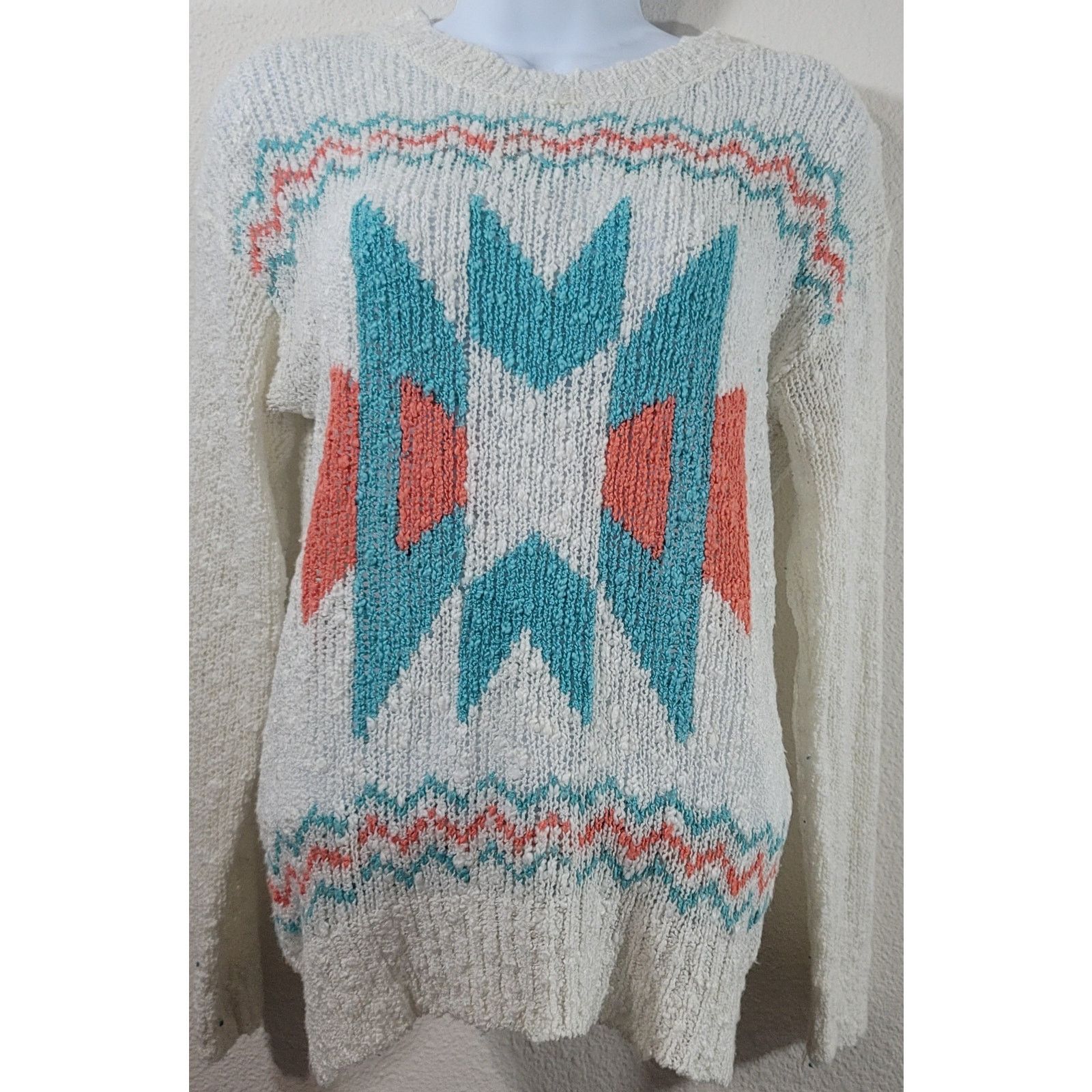 Other Ellison Ellison White Teal Popcorn Knit Aztec Sweater Large Size L / US 10 / IT 46 - 1 Thumbnail