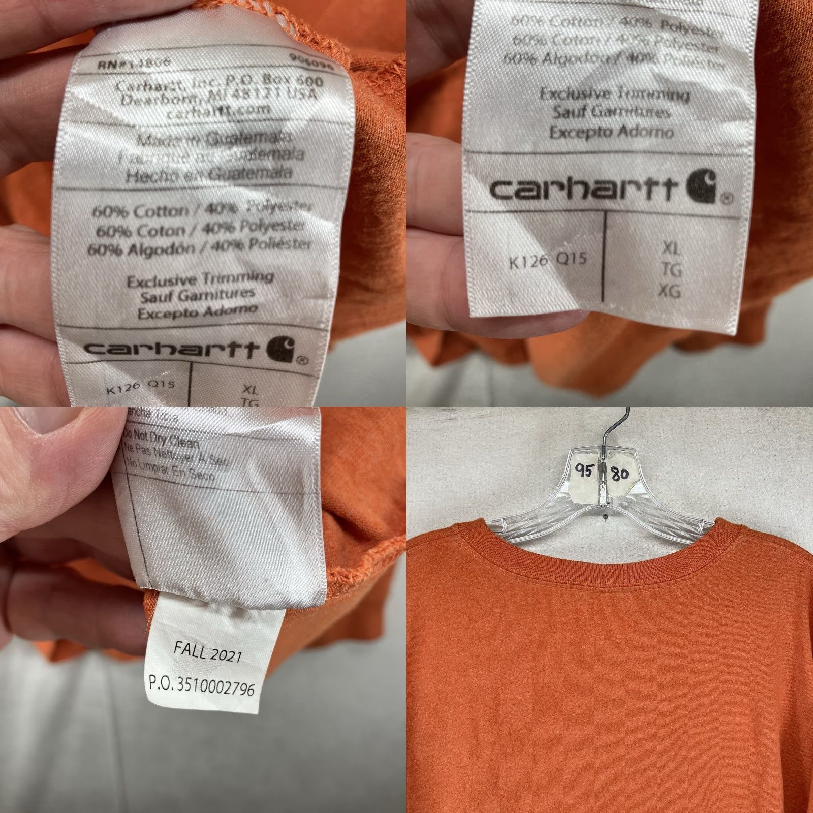 Carhartt Carhartt T-Shirt Mens XL Long Sleeve Crew Neck Orange - Cotton Polyester Heavyweight Relaxed Fit Solid Logo All Seasons Outdoor 2020s Size US XL / EU 56 / 4 - 8 Thumbnail