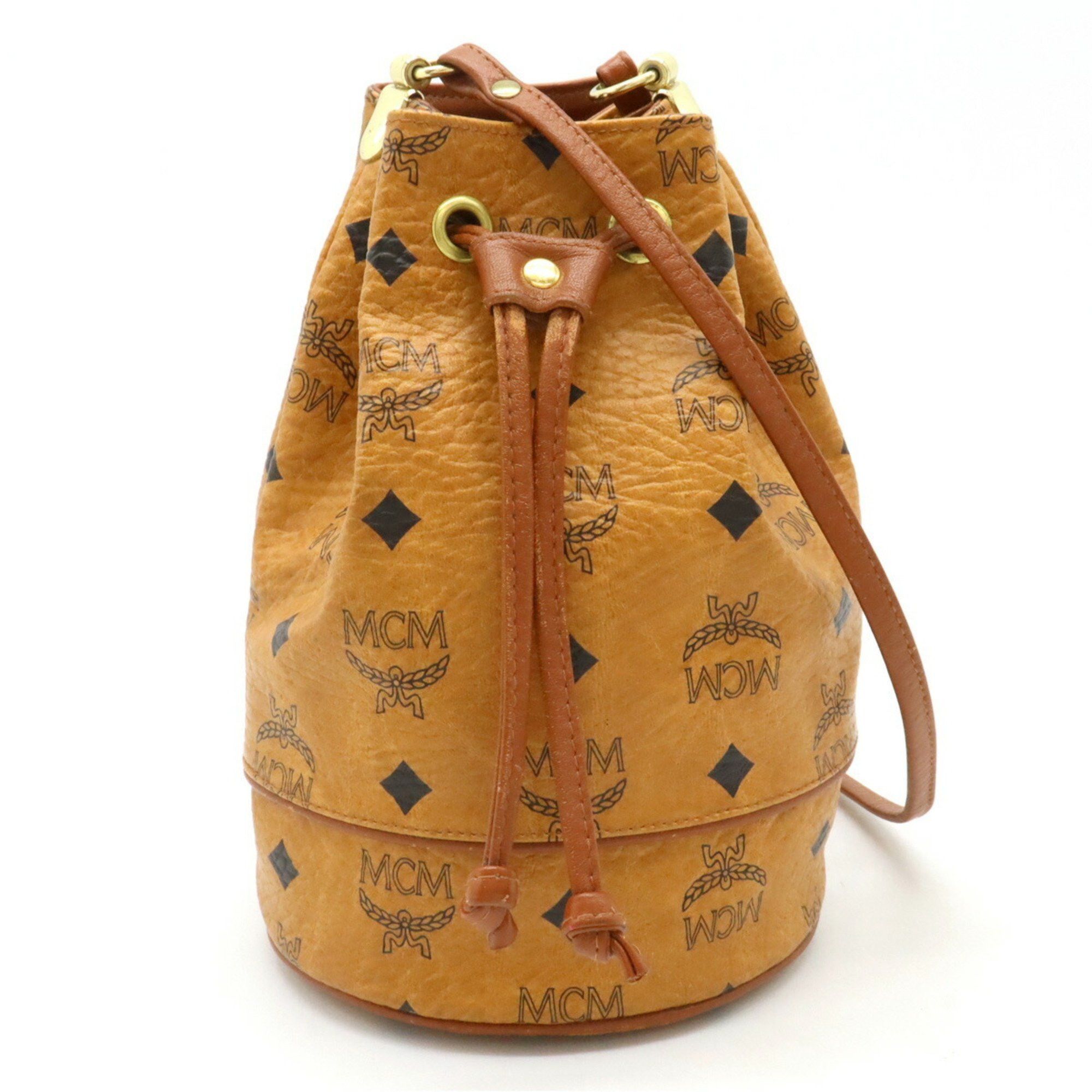 MCM Visetos Glam Drawstring Bag Shoulder Pvc Leather Cognac Brown, Women's