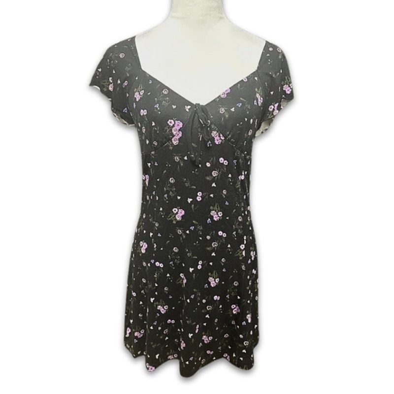Other Abound Mini Dress V-Neck Tie Front Floral Black/Purple M NWT Size M / US 6-8 / IT 42-44 - 2 Thumbnail