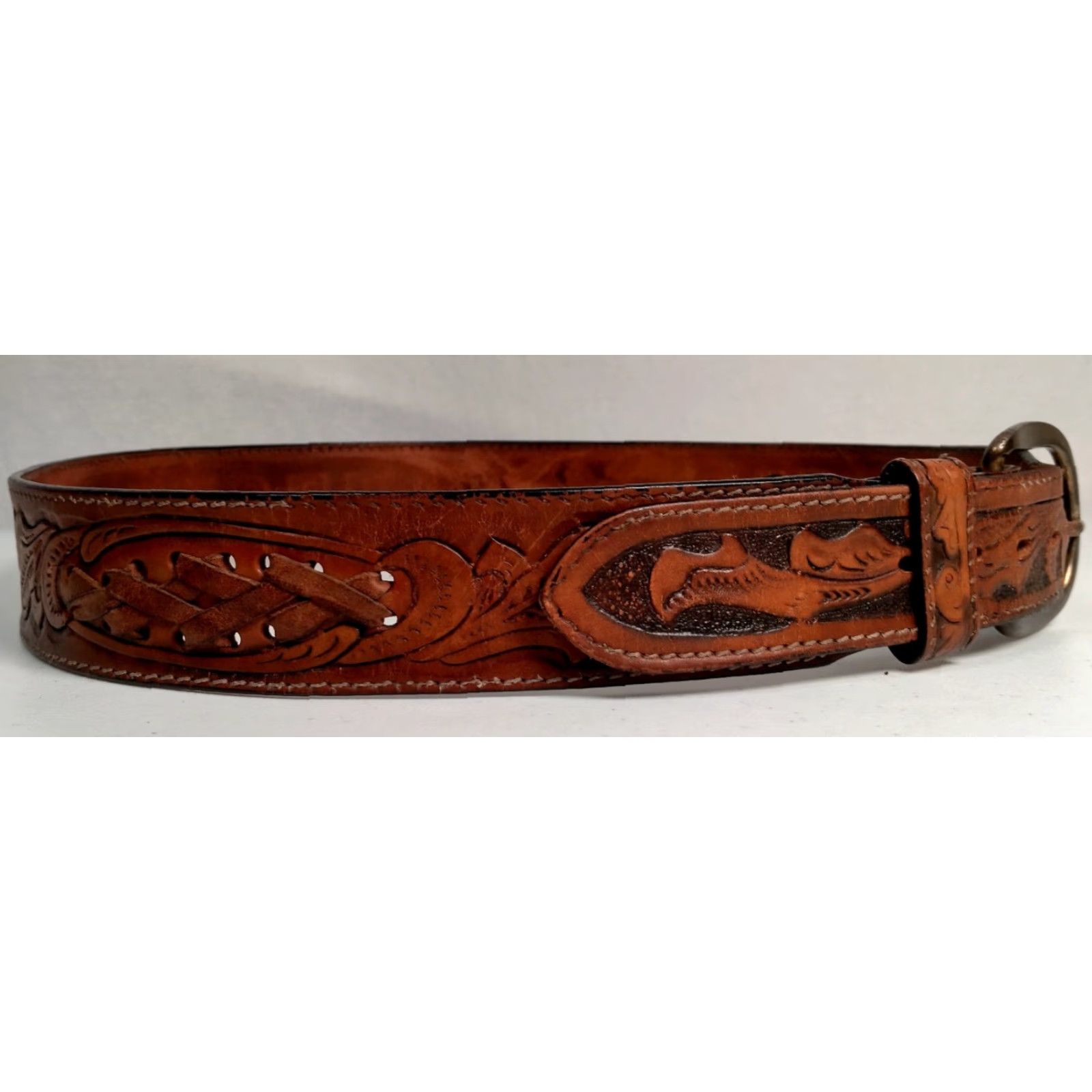 Vintage VINTAGE Larry Mahon Leegin Leather Belt for Harold - Western Floral 1 5/8" Brass Buckle, Personalized Men’s Size 36 Size 36 - 3 Thumbnail