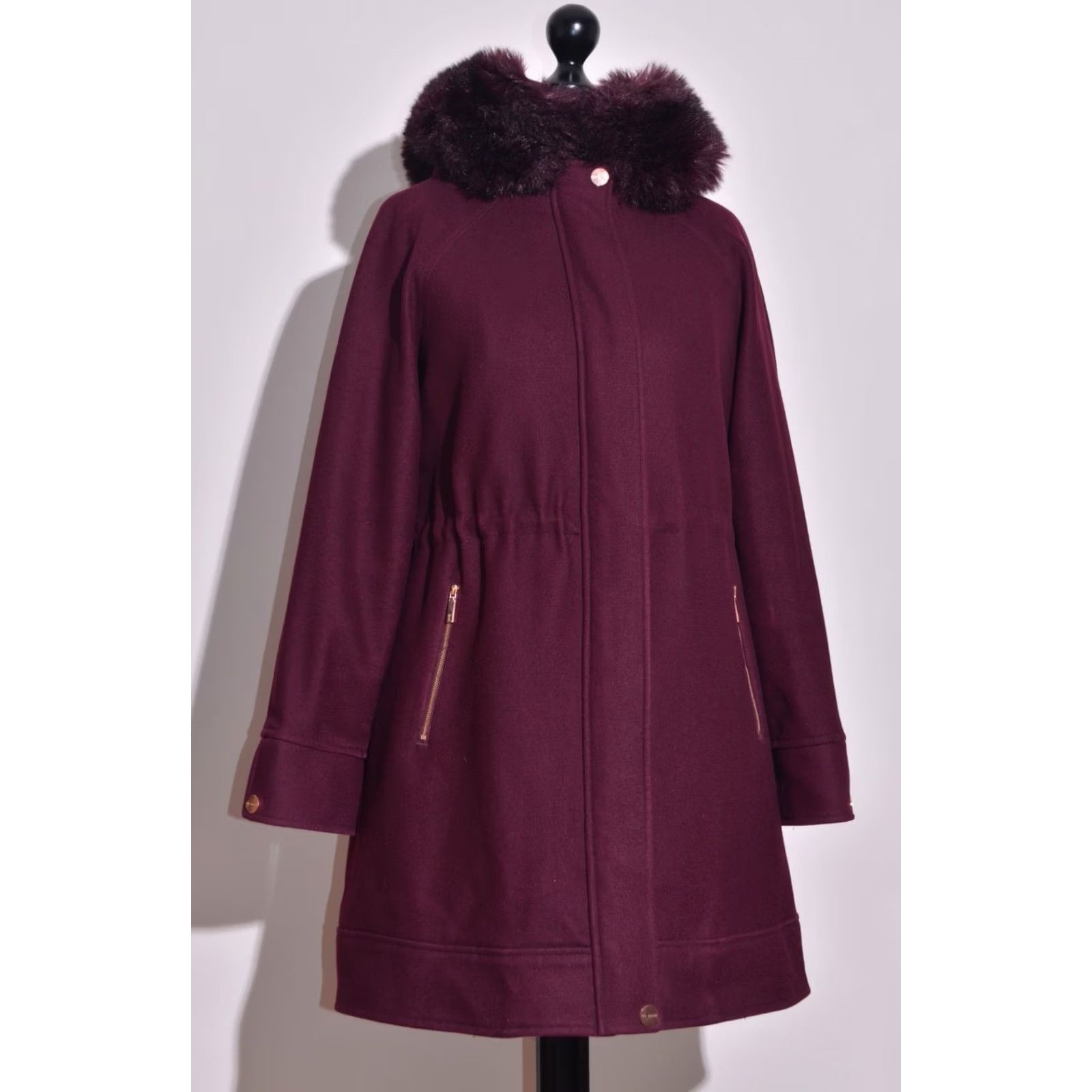 Ted Baker Ted Baker Women's Coat Wool Blend Burgundy Faux Fur Collar Overcoat Winter, Size 2, Regular, Long Sleeve, Zip, Button, Casual, Designer, Adult Womens Size XS / US 0-2 / IT 36-38 - 2 Thumbnail
