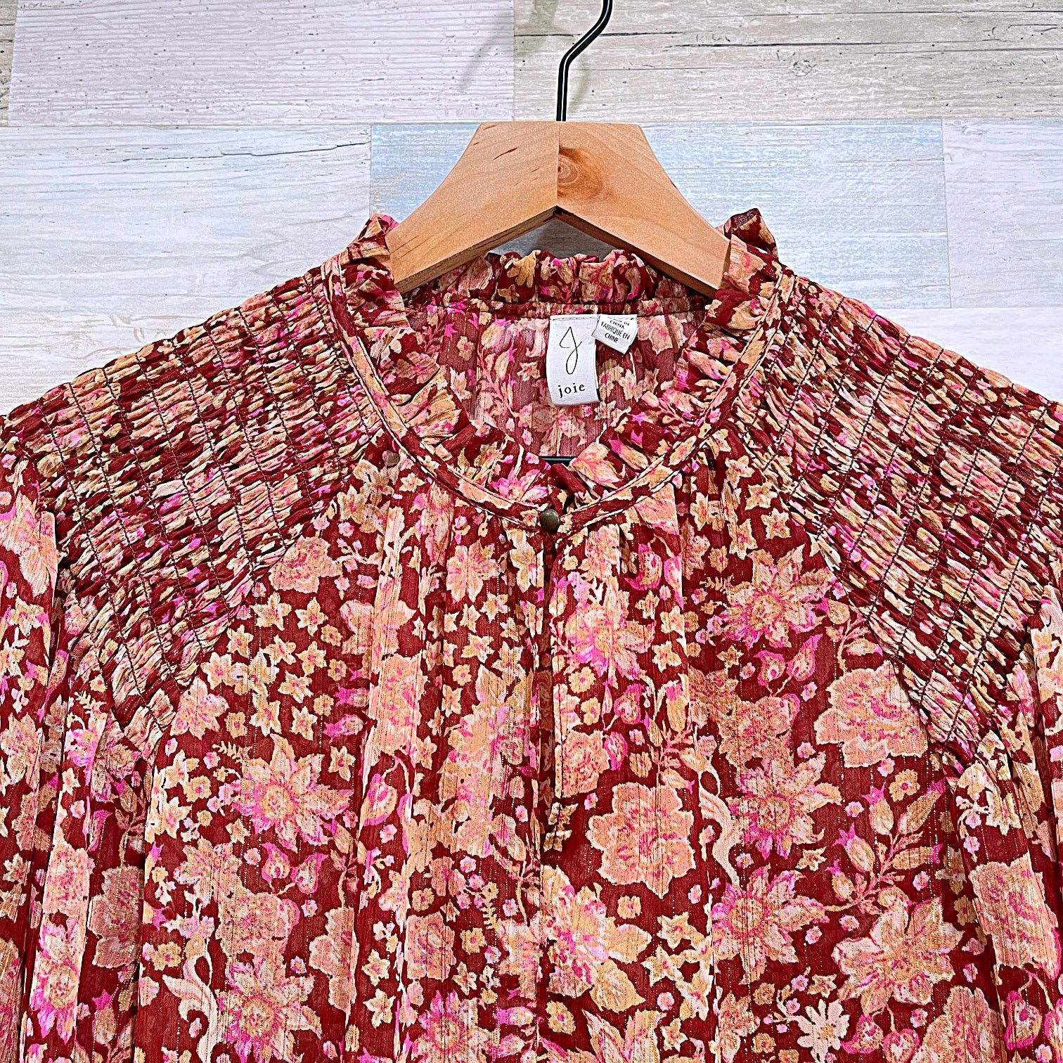 Joie JOIE Floral Ruffle Smocked Sheer Blouson Top Burgundy XS Size XS / US 0-2 / IT 36-38 - 2 Thumbnail