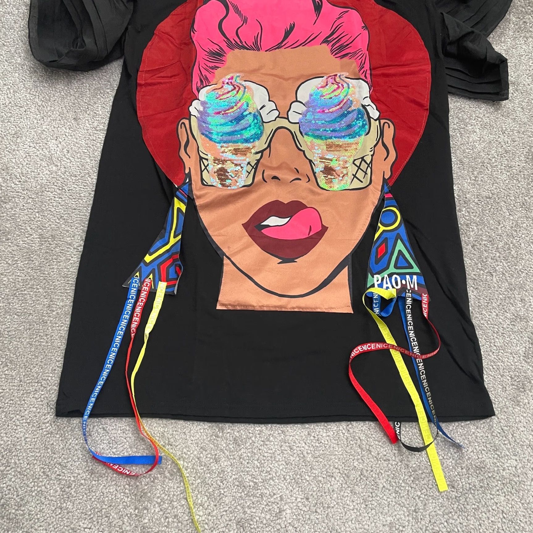 Vintage Minghao Zhuliu Shirt Womens M Black Beaded Ice Cream Face Casual Balloon Sleeve Size M / US 6-8 / IT 42-44 - 3 Thumbnail