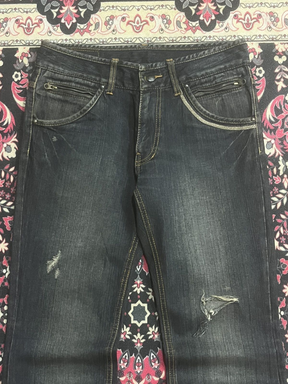 14th Addiction Japanese Custom Culture Dark Washed Distressed Flare Jeans Size US 30 / EU 46 - 4 Thumbnail