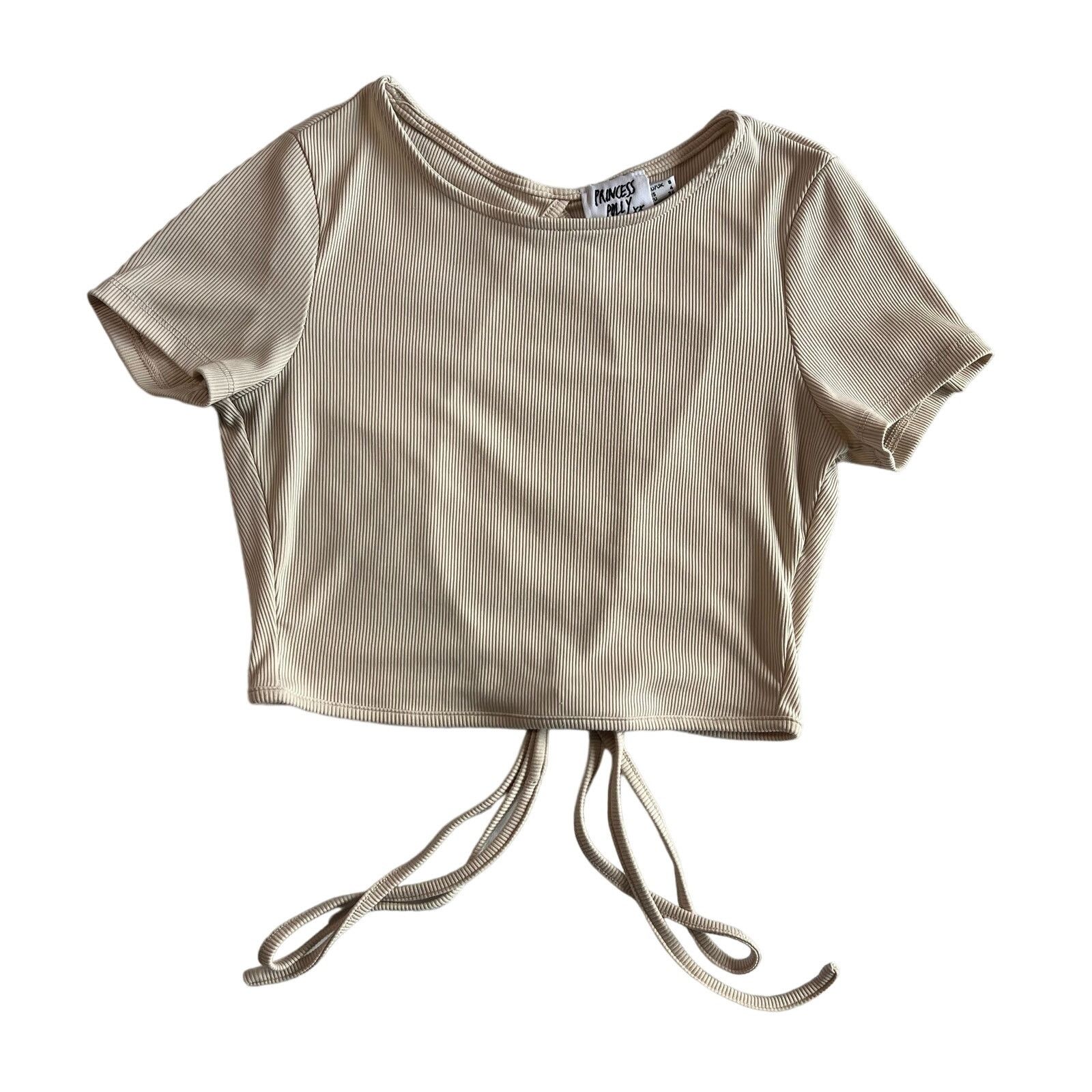 PRINCESS POLLY Princess Polly Women's 4 Beige Ribbed Crop Top Open Back Size S / US 4 / IT 40 - 1 Thumbnail