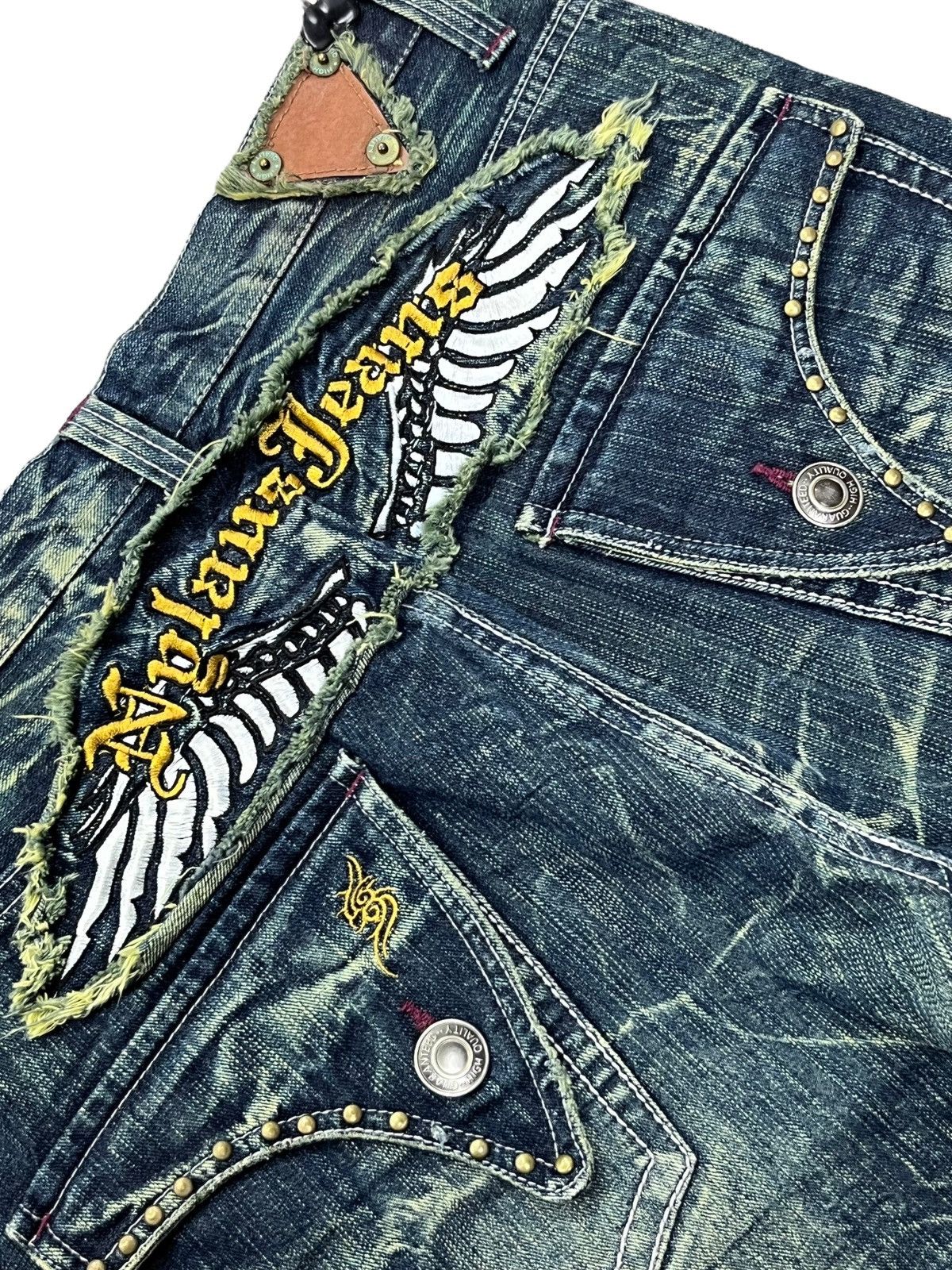 Japanese Brand 🔥NYLAUS Embroidery Winged Studded Long Flap Mudwash FLARE Size US 31 - 4 Thumbnail