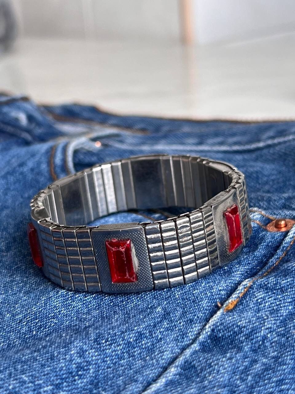 Jewelry Bracelet Silver Chrome Red Stone Crystal Y2K 90s Jewelry Size ONE SIZE - 9 Thumbnail
