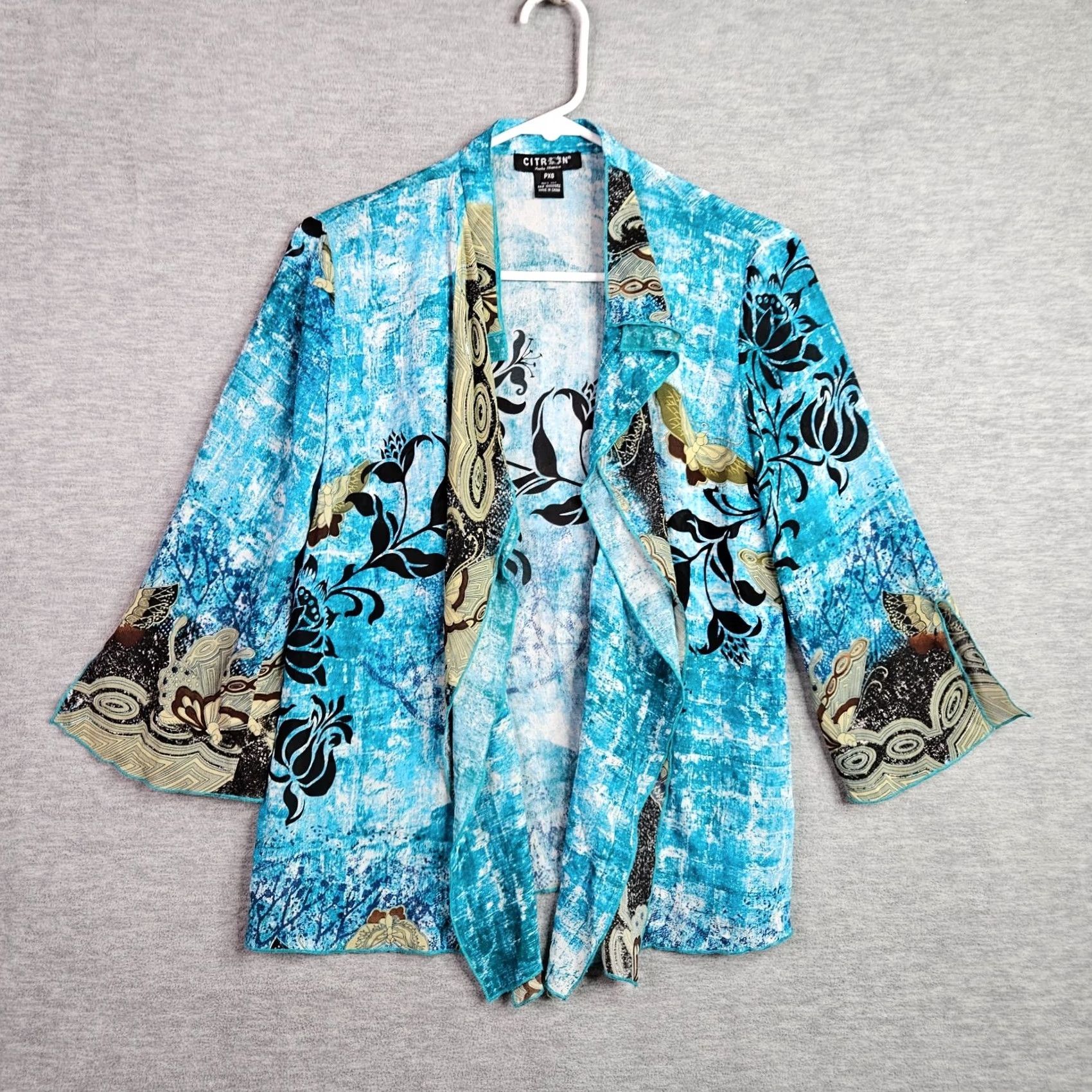 Vintage Citron Silk Open Front Jacket Blouse Blue Floral Art PXS Women’s V-Neck 3/4 Sleeve Petites Casual Regular All Seasons Size XS / US 0-2 / IT 36-38 - 2 Thumbnail