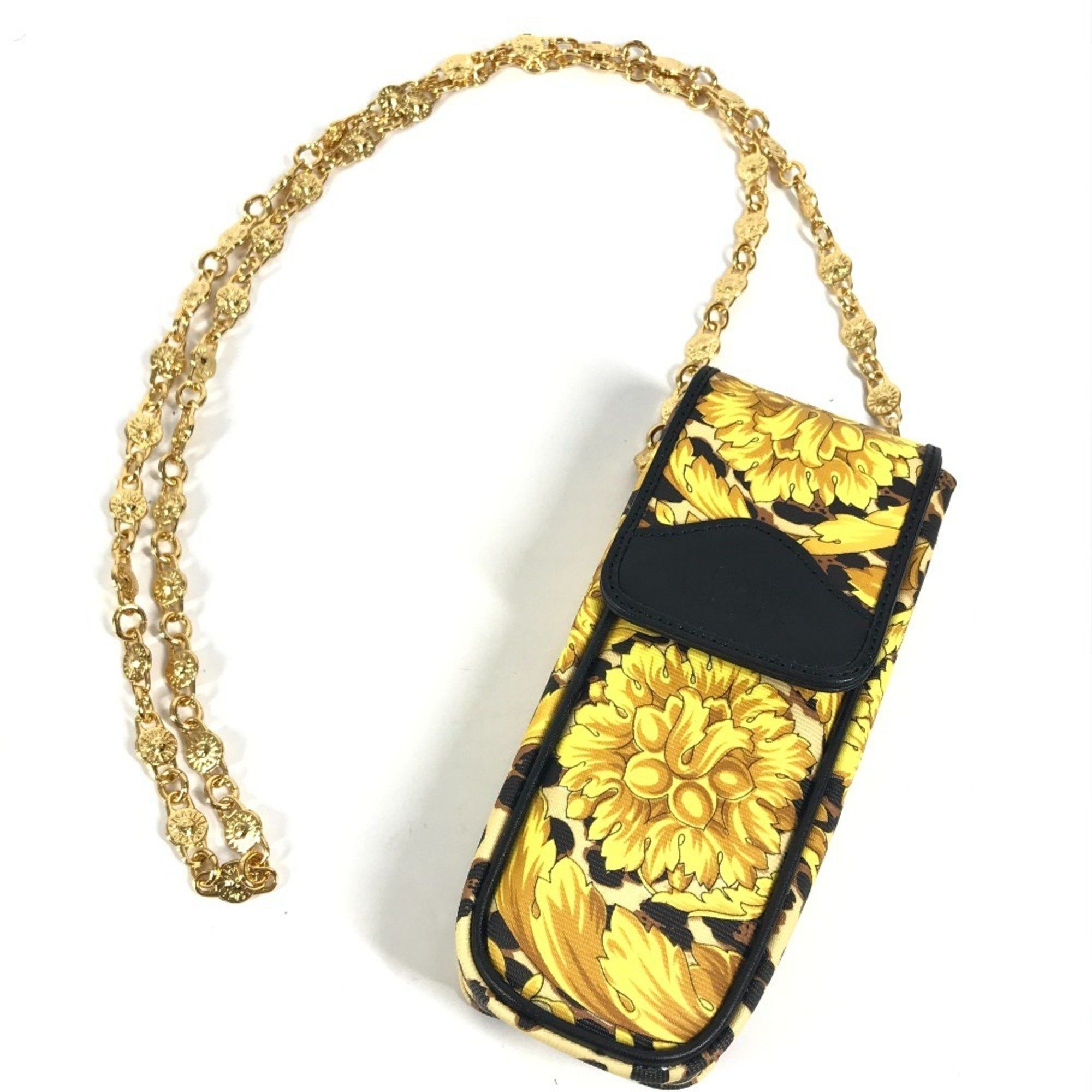 VERSACE Vintage Leopard Mobile Phone Bag Pattern Chain Pochette Shoulder Leather Men's Women's Yellow
